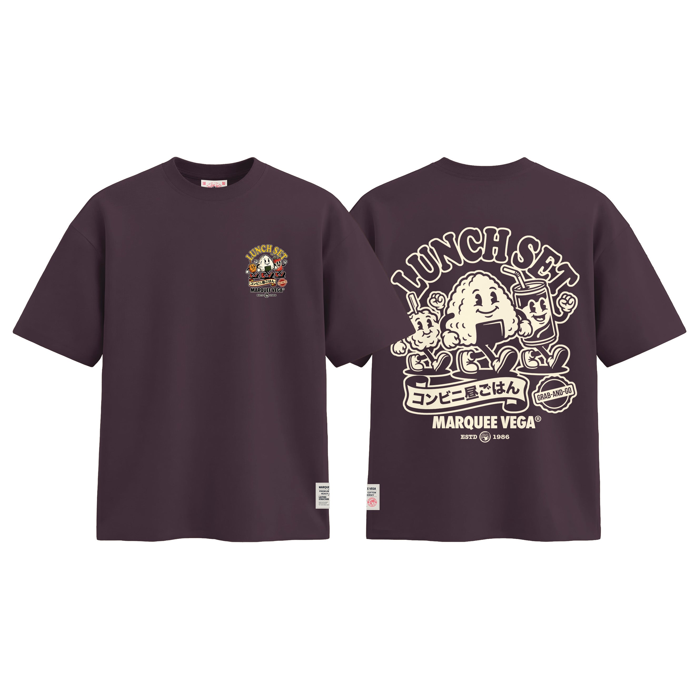 Lunch Set - Grab-and-Go graphic tee colour preview in Dark Plum, shown front and back.