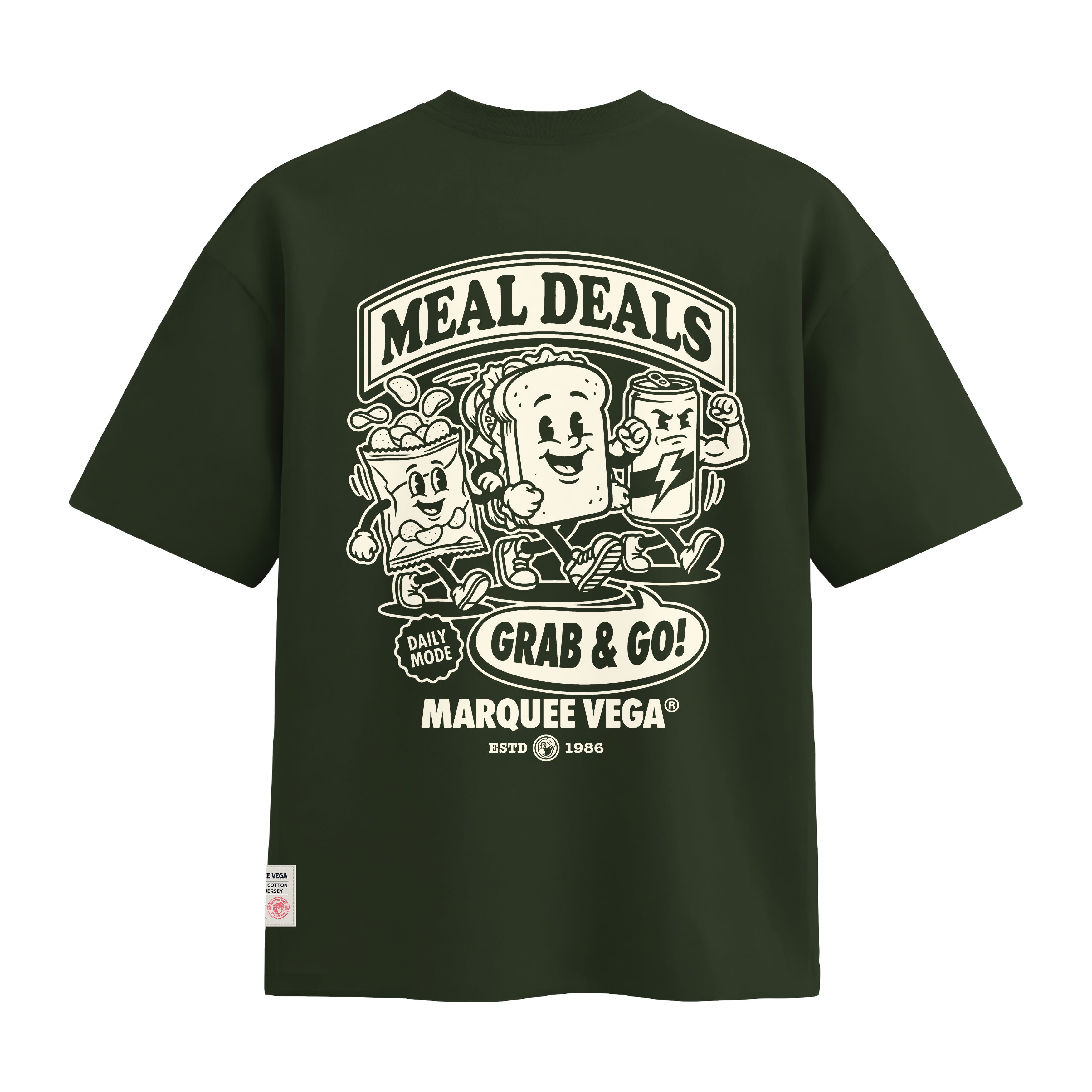 Meal Deals Grab & Go heavyweight loose fit graphic tee back artwork on Racing Green by Marquee Vega.