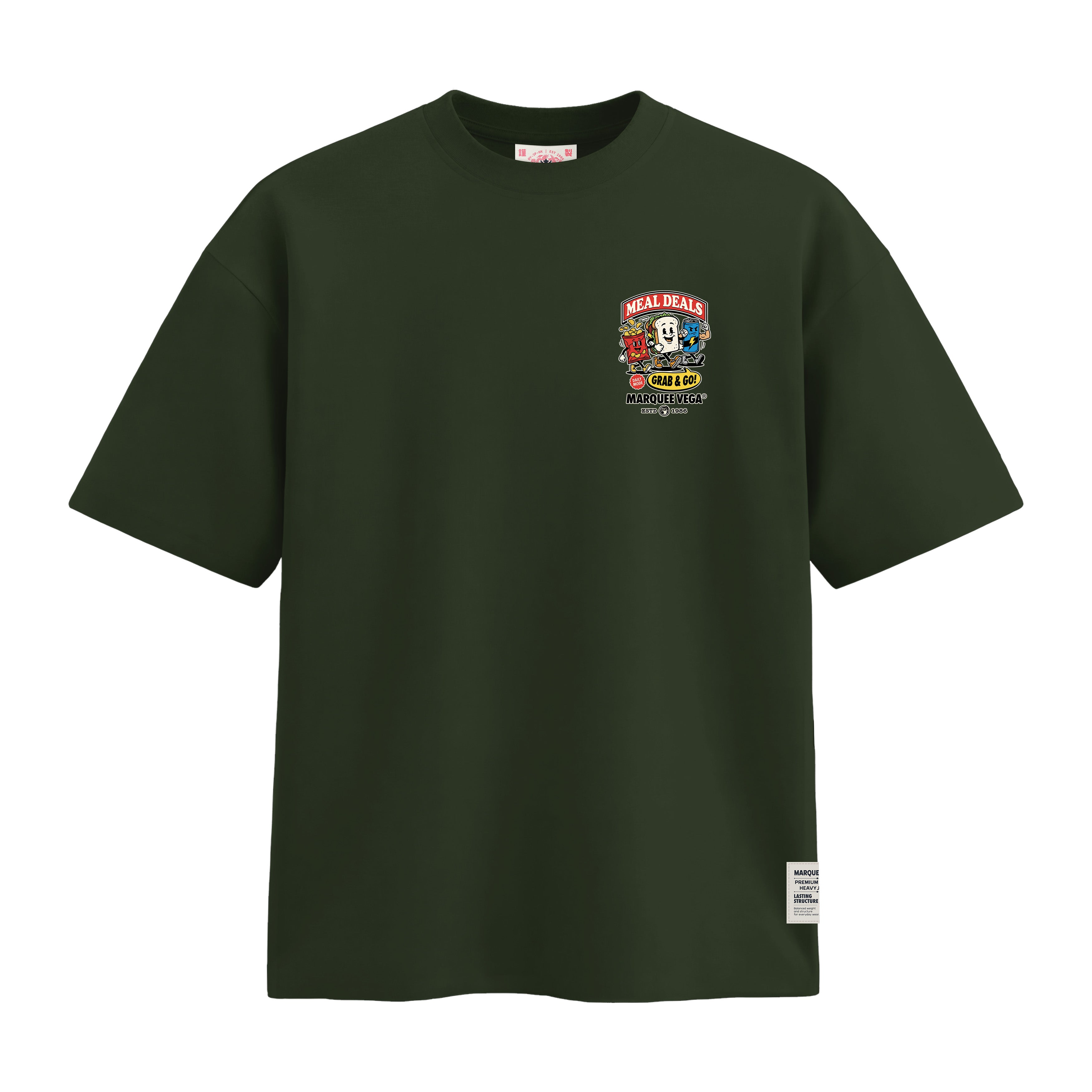 Meal Deals Grab & Go heavyweight loose fit graphic tee chest artwork on Racing Green by Marquee Vega.