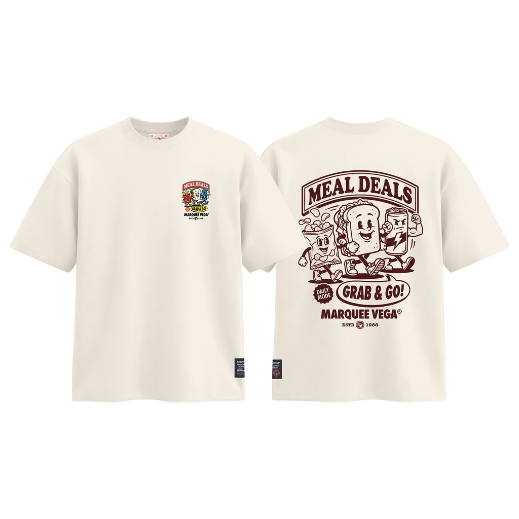 Meal Deals Grab & Go graphic tee colour preview in Off White, shown front and back.