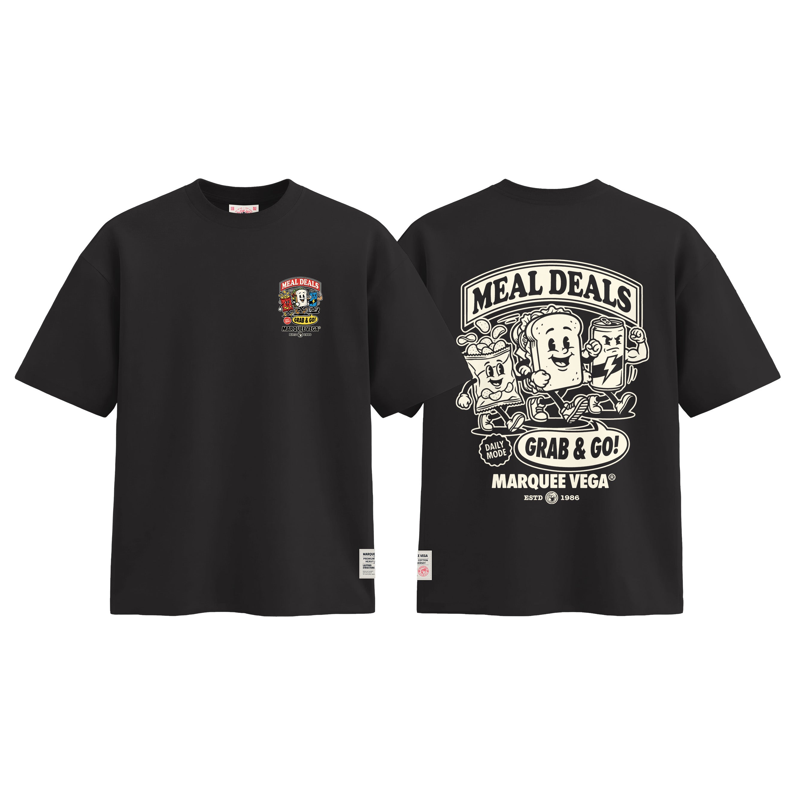 Meal Deals Grab & Go graphic tee colour preview in Vintage Black, shown front and back.