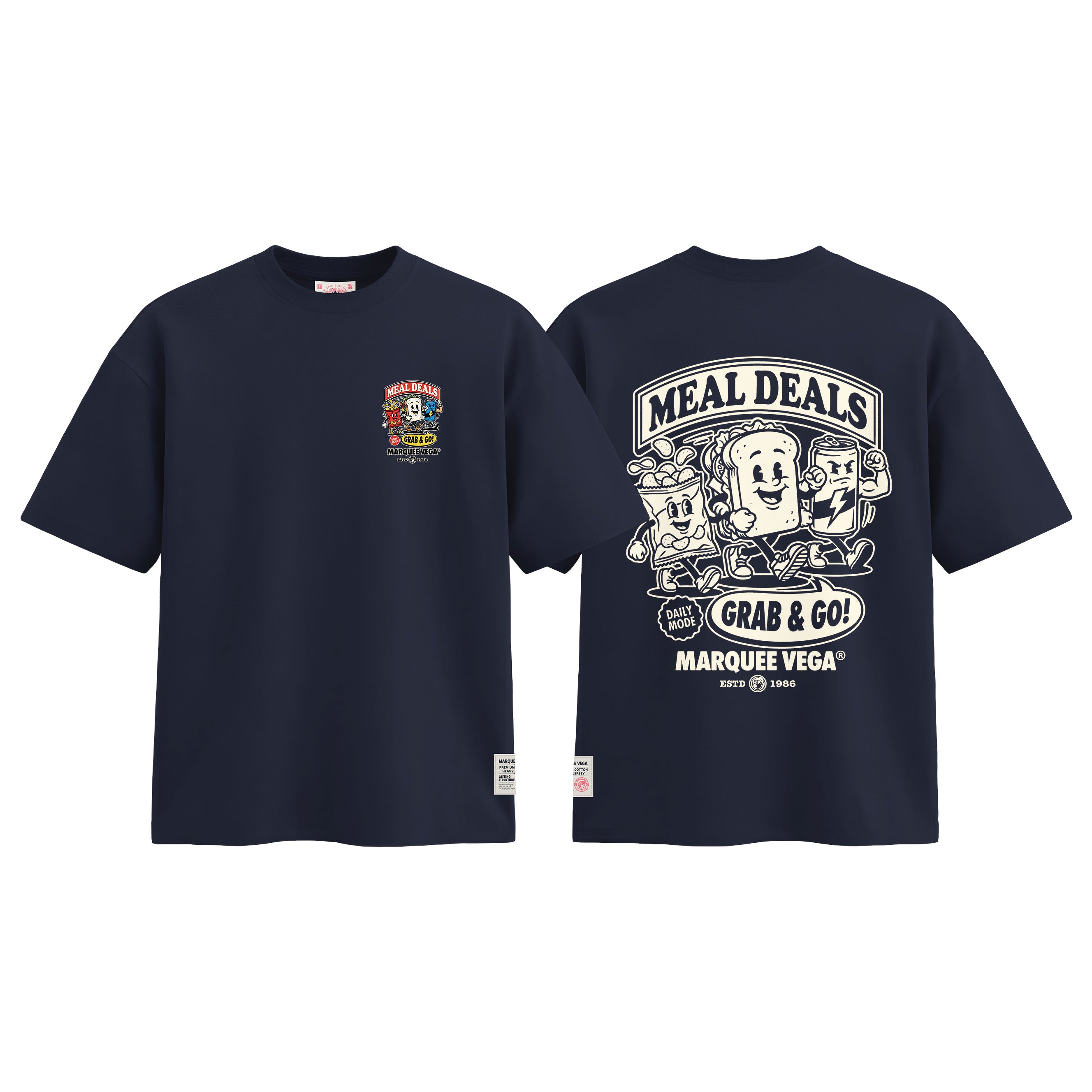 Meal Deals Grab & Go graphic tee colour preview in Navy Blue, shown front and back.