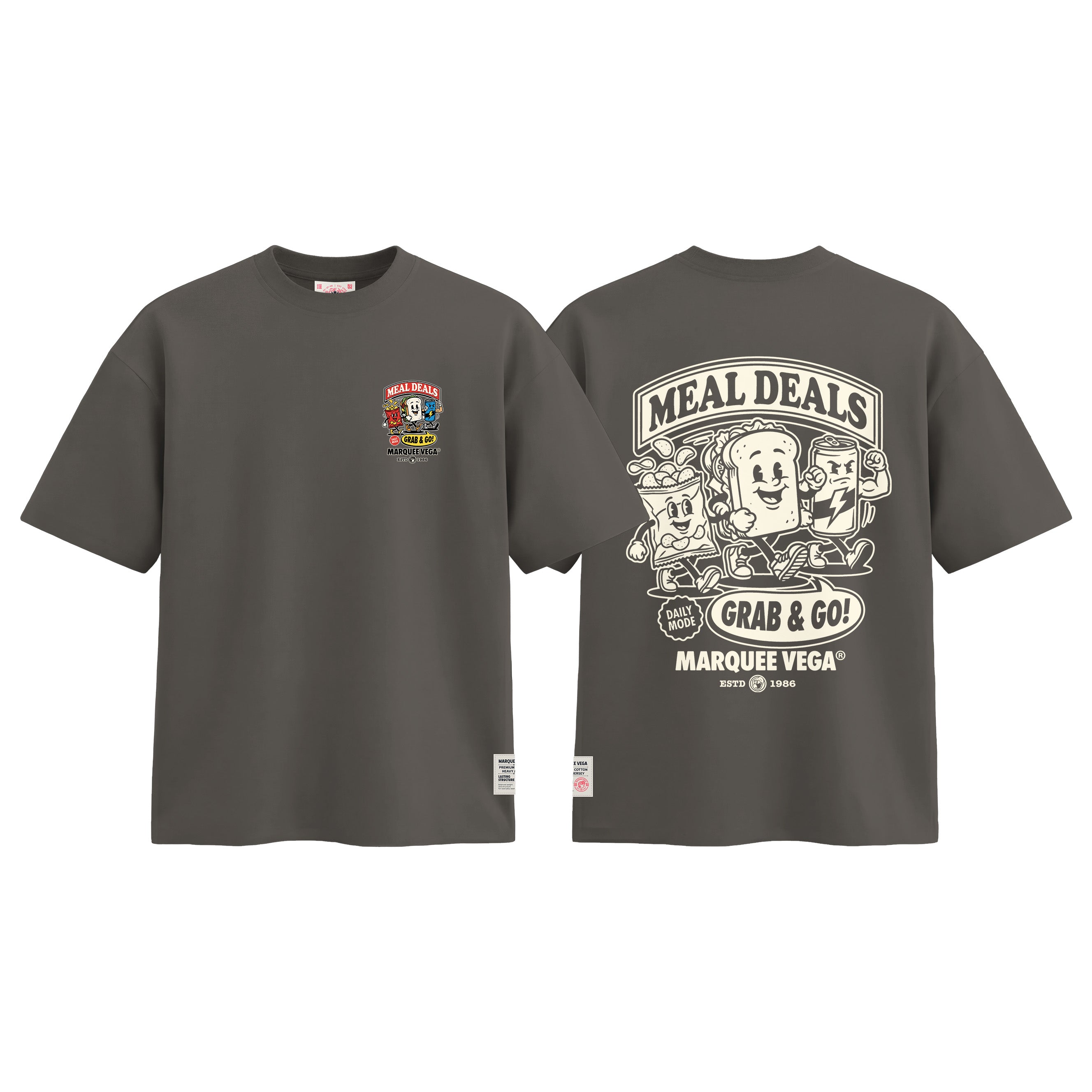 Meal Deals Grab & Go graphic tee colour preview in Charcoal Grey, shown front and back.