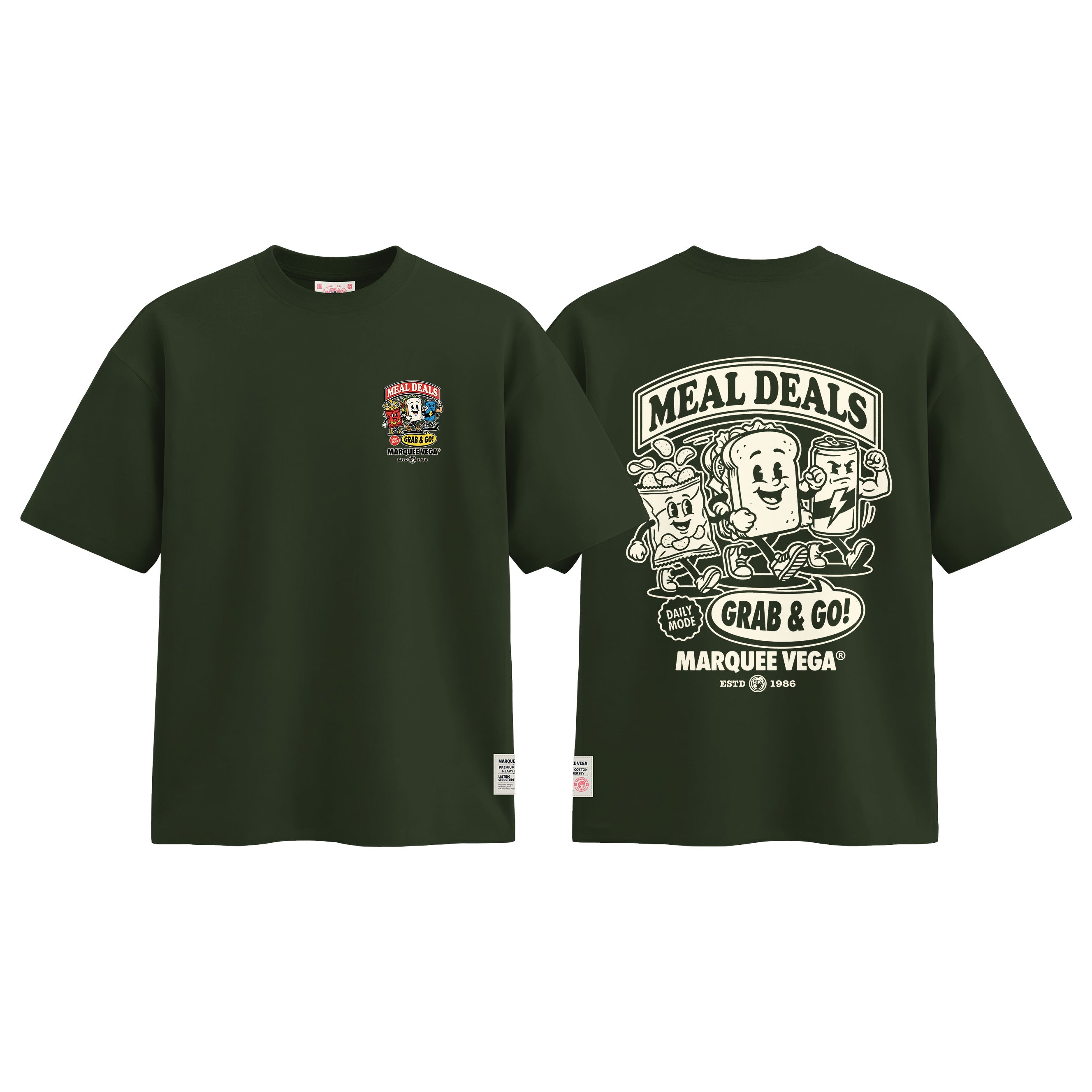 Meal Deals Grab & Go graphic tee colour preview in Racing Green, shown front and back.