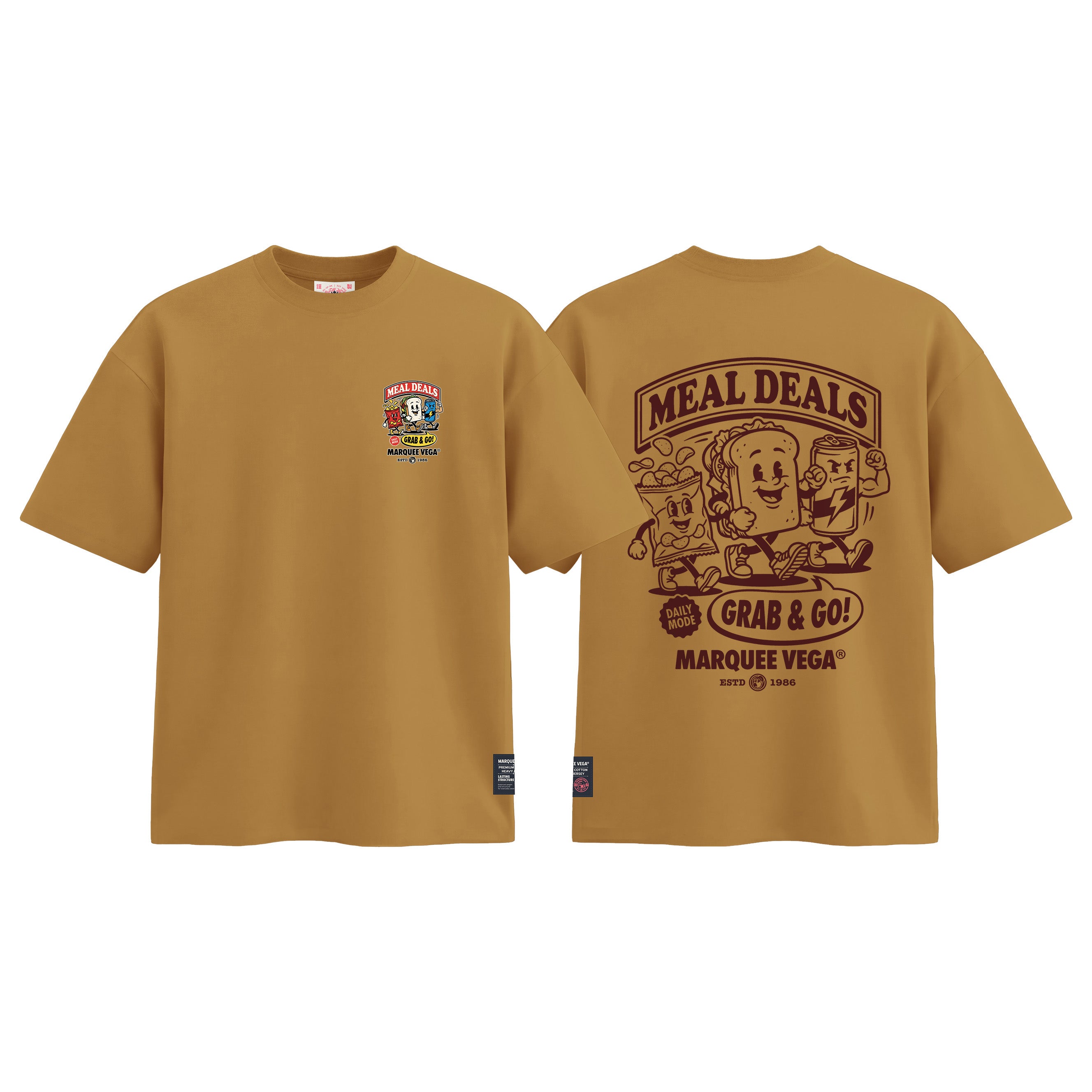 Meal Deals - Grab & Go graphic tee colour preview in Mustard Yellow, shown front and back.