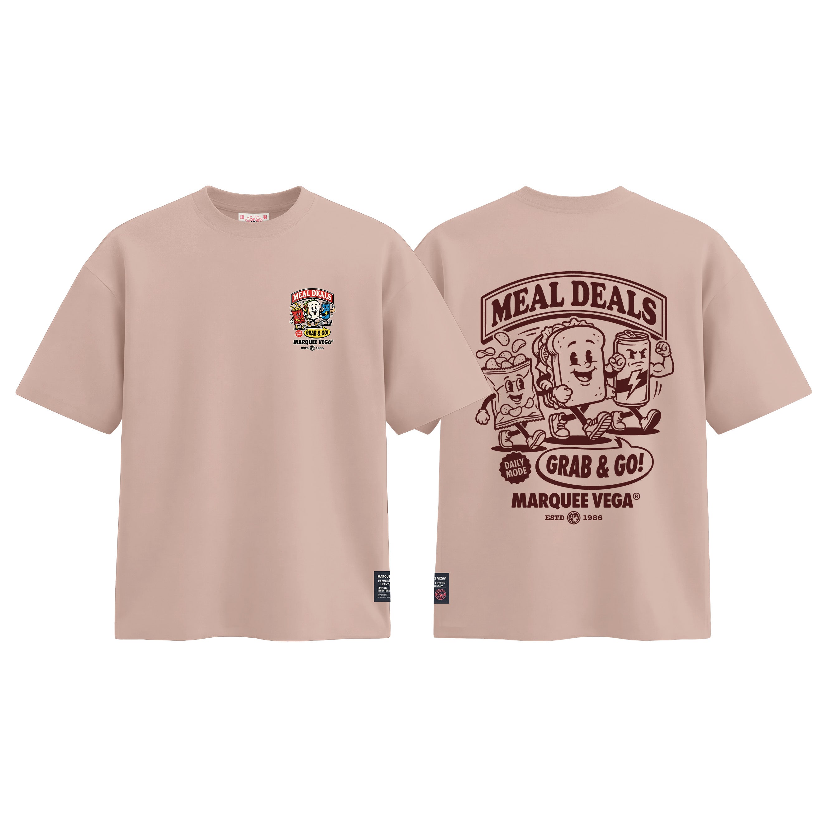 Meal Deals Grab & Go graphic tee colour preview in Pink, shown front and back.