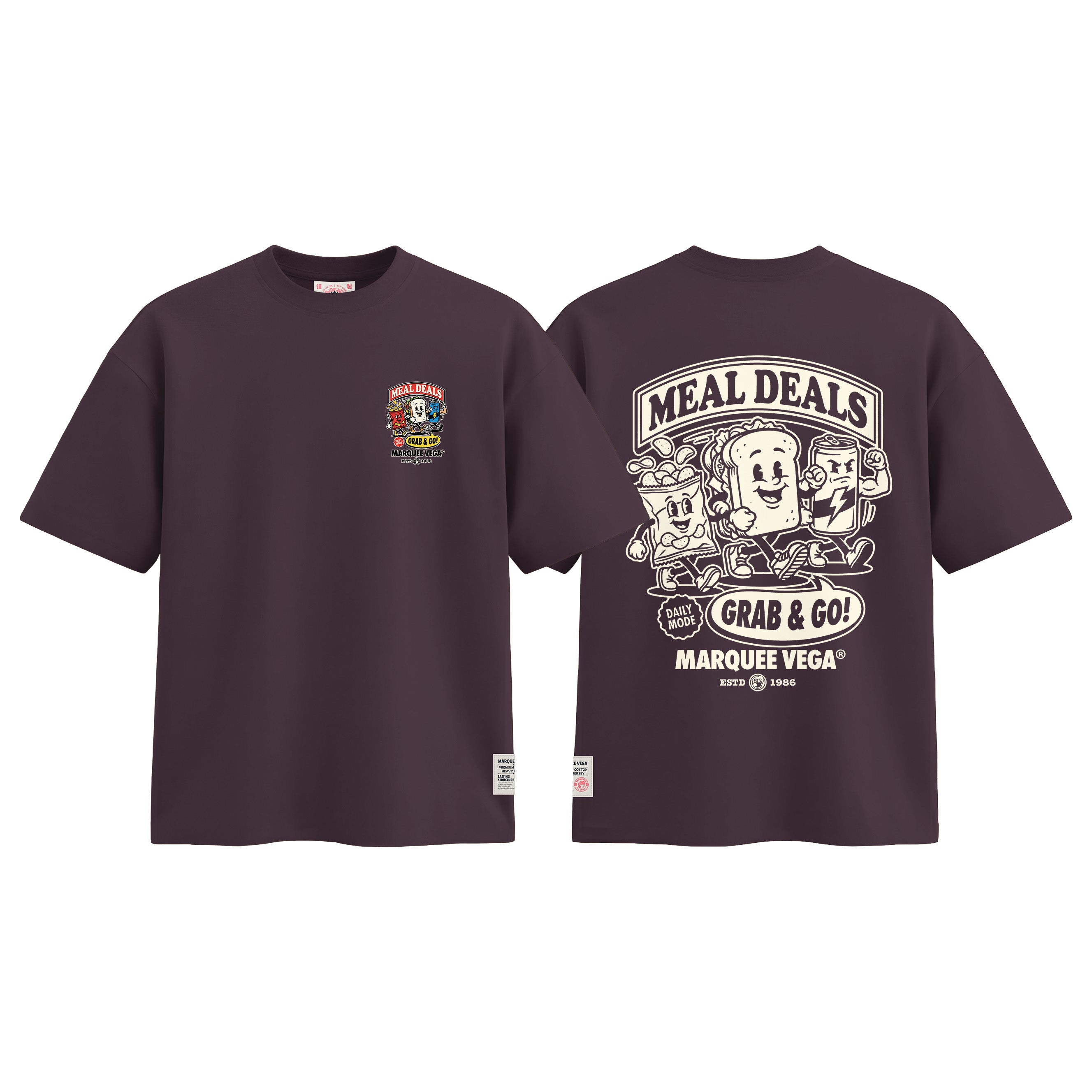 Meal Deals - Grab & Go graphic tee colour preview in Dark Plum, shown front and back.