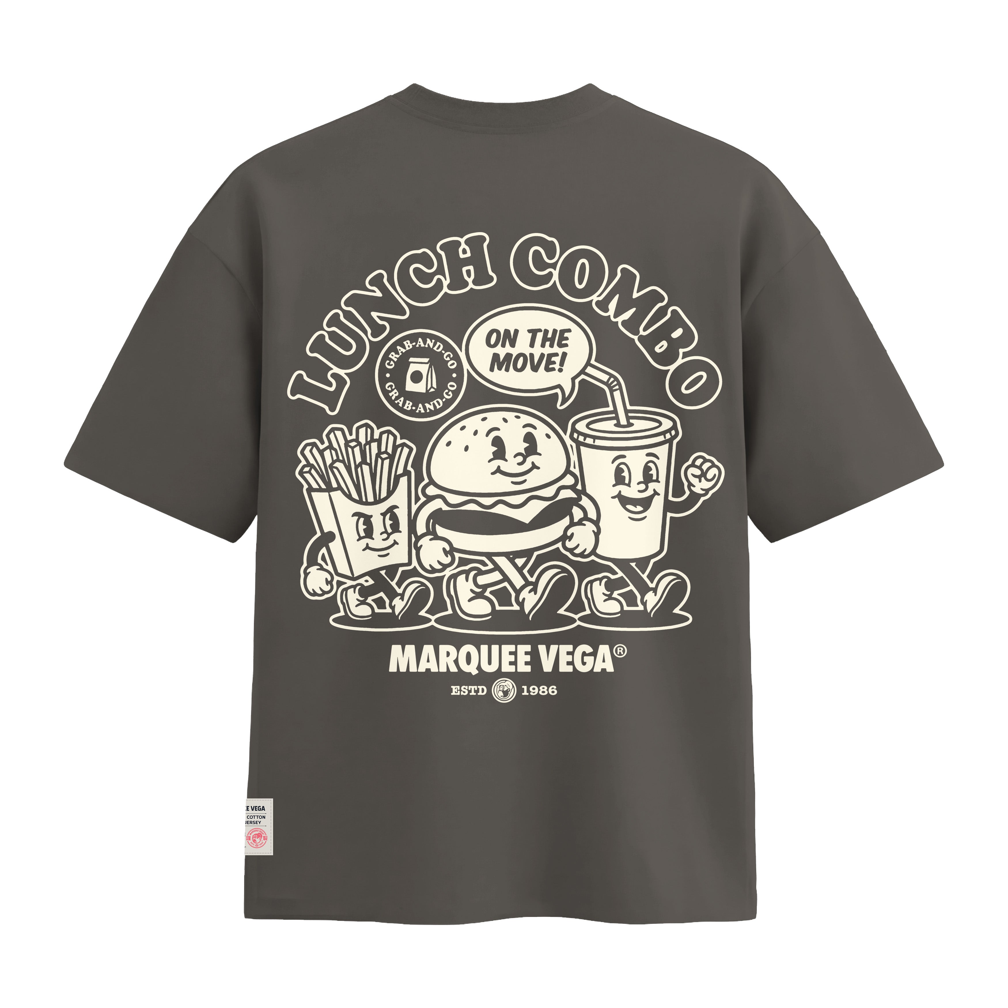 Lunch Combo On The Move heavyweight loose fit graphic tee oversized back artwork on Charcoal Grey by Marquee Vega.