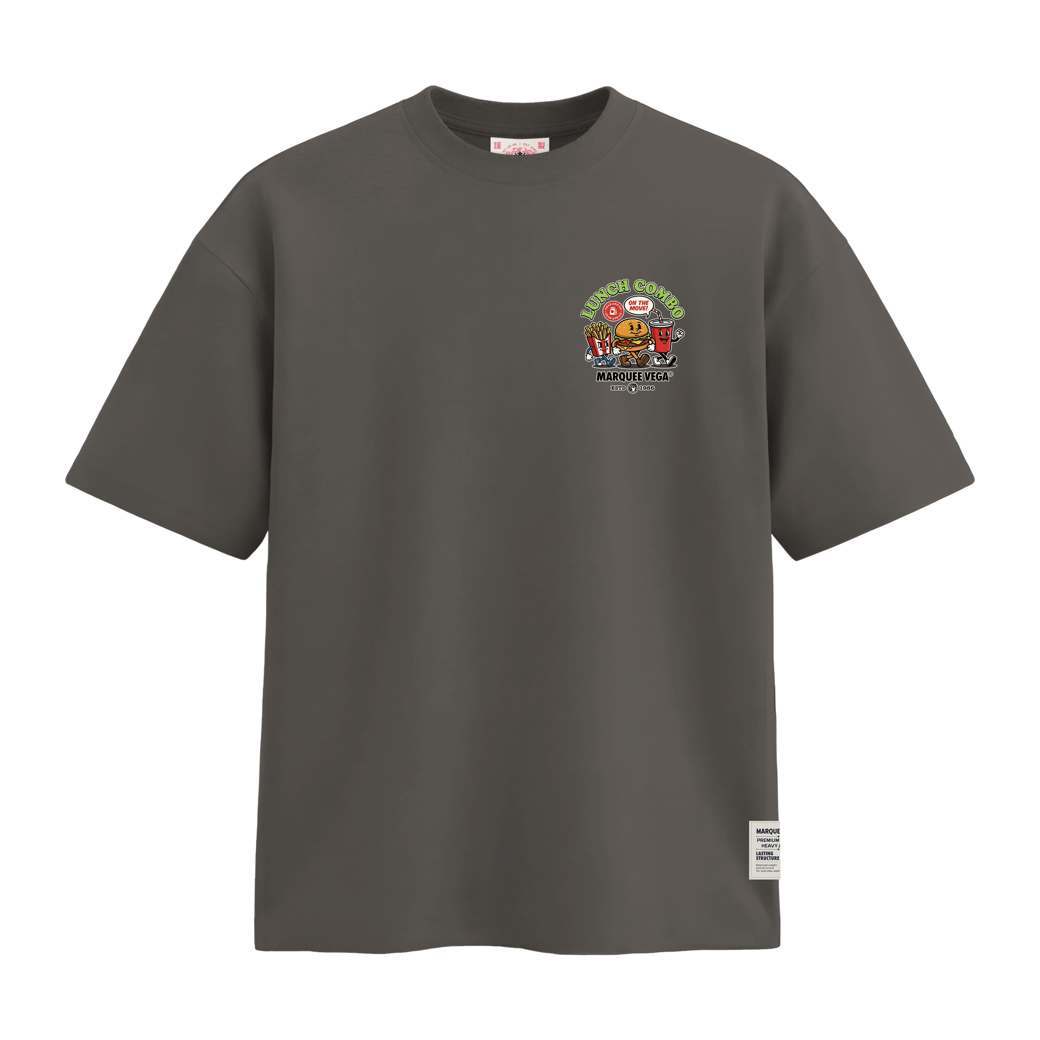 Lunch Combo On The Move heavyweight loose fit graphic tee chest artwork on Charcoal Grey by Marquee Vega.
