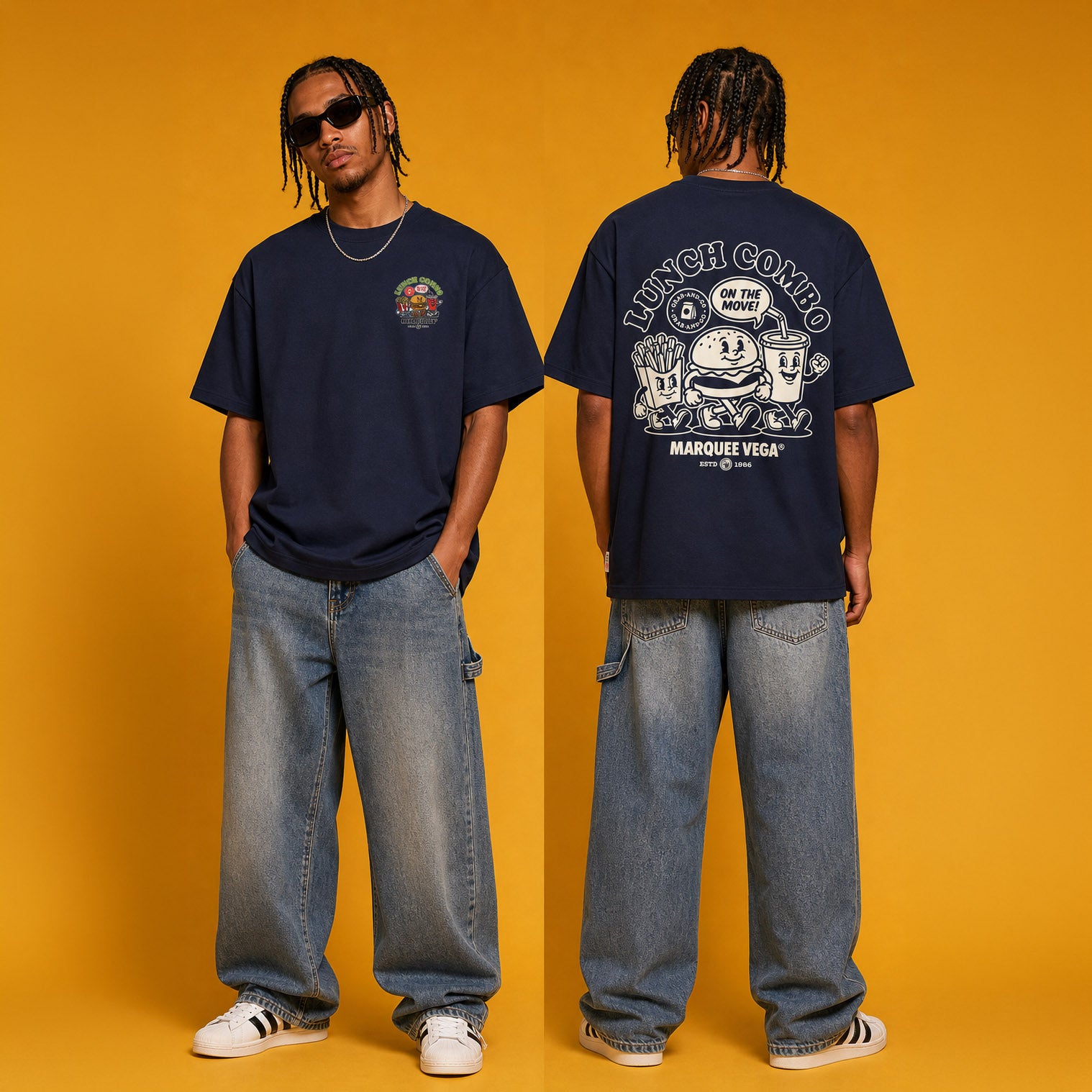 Male model wearing the Lunch Combo On The Move heavyweight loose fit graphic tee in Navy Blue, shown front and back.