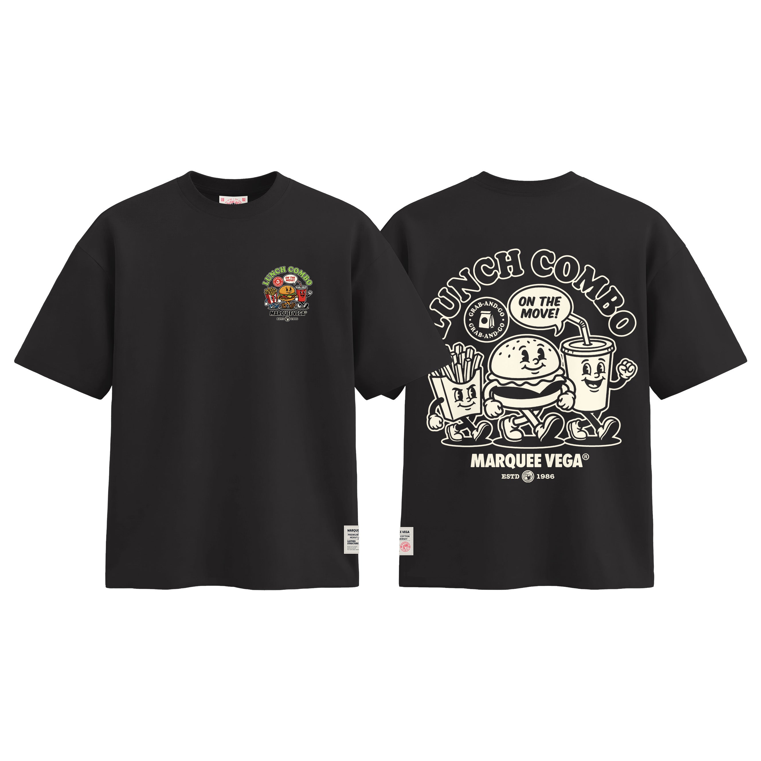 Lunch Combo On The Move graphic tee colour preview in Vintage Black, shown front and back.