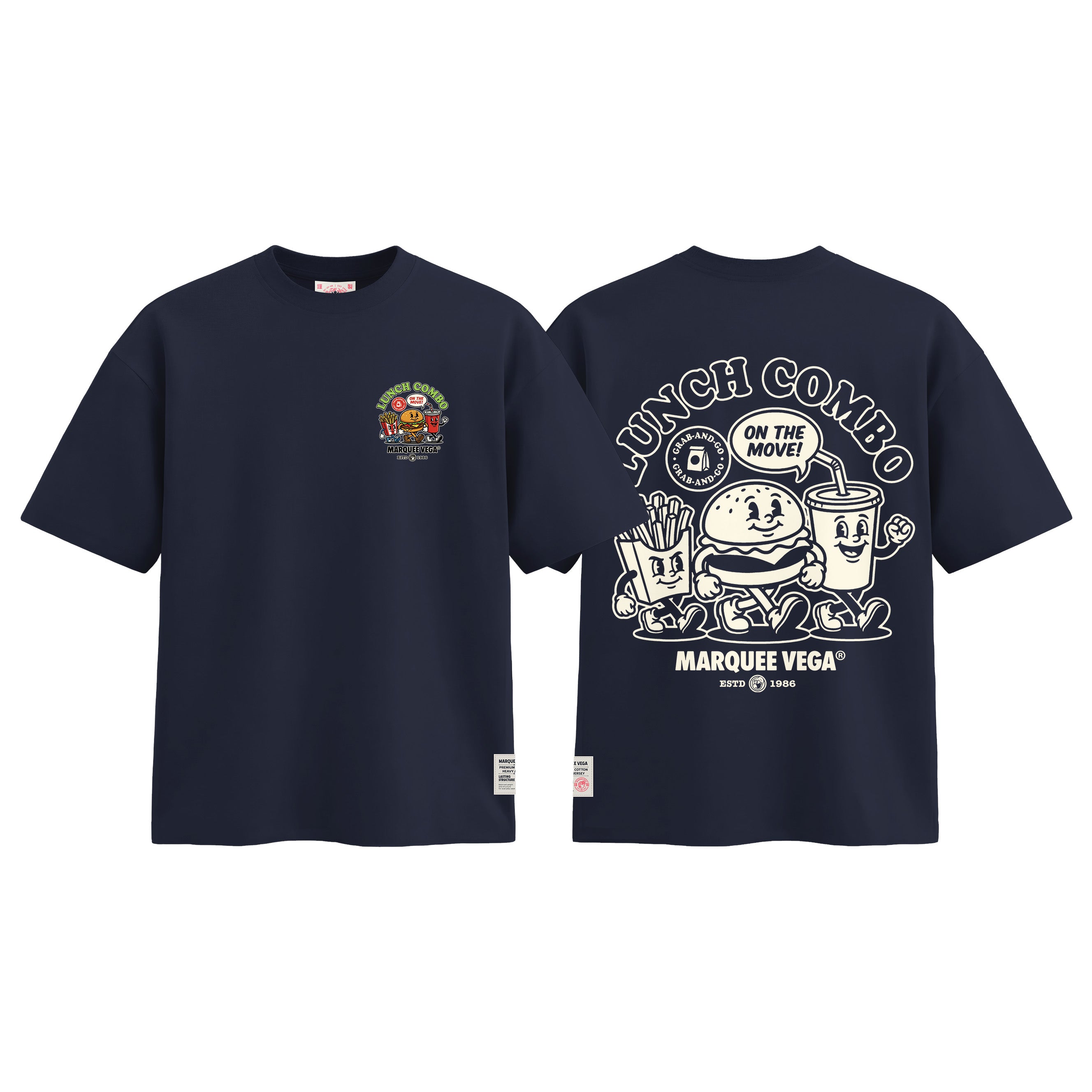 Lunch Combo On The Move graphic tee colour preview in Navy Blue, shown front and back.