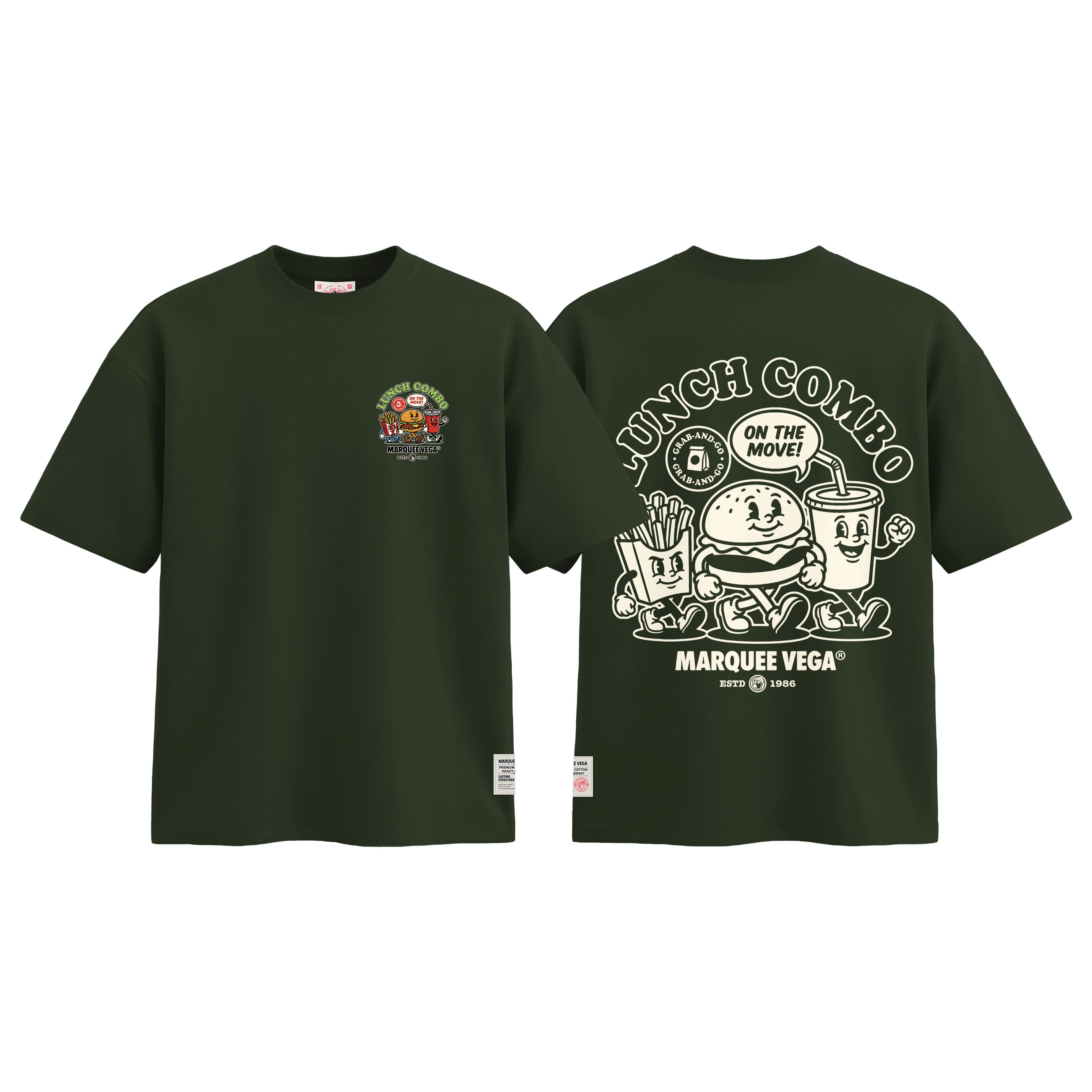 Lunch Combo On The Move graphic tee colour preview in Racing Green, shown front and back.