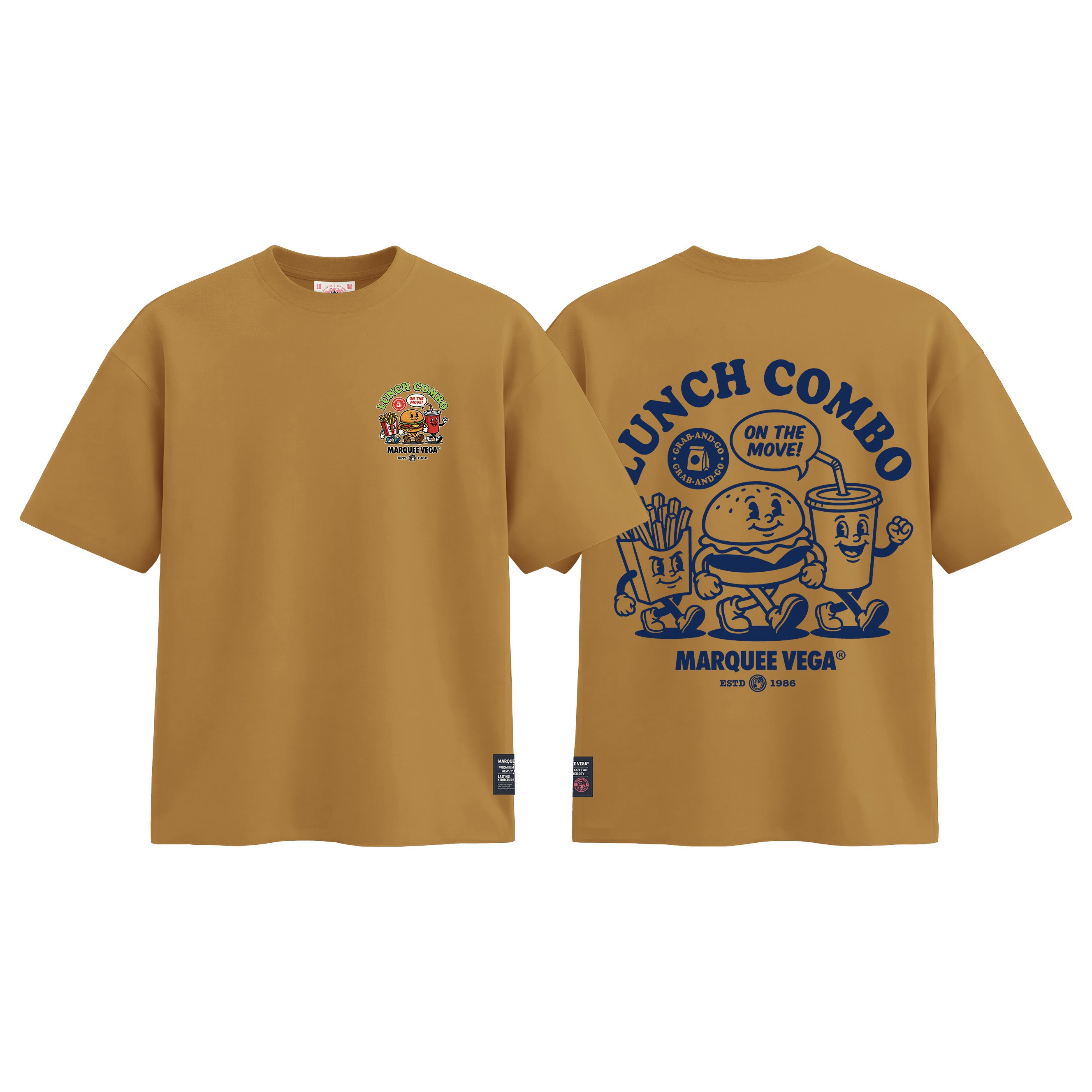 Lunch Combo - On The Move graphic tee colour preview in Mustard Yellow, shown front and back.