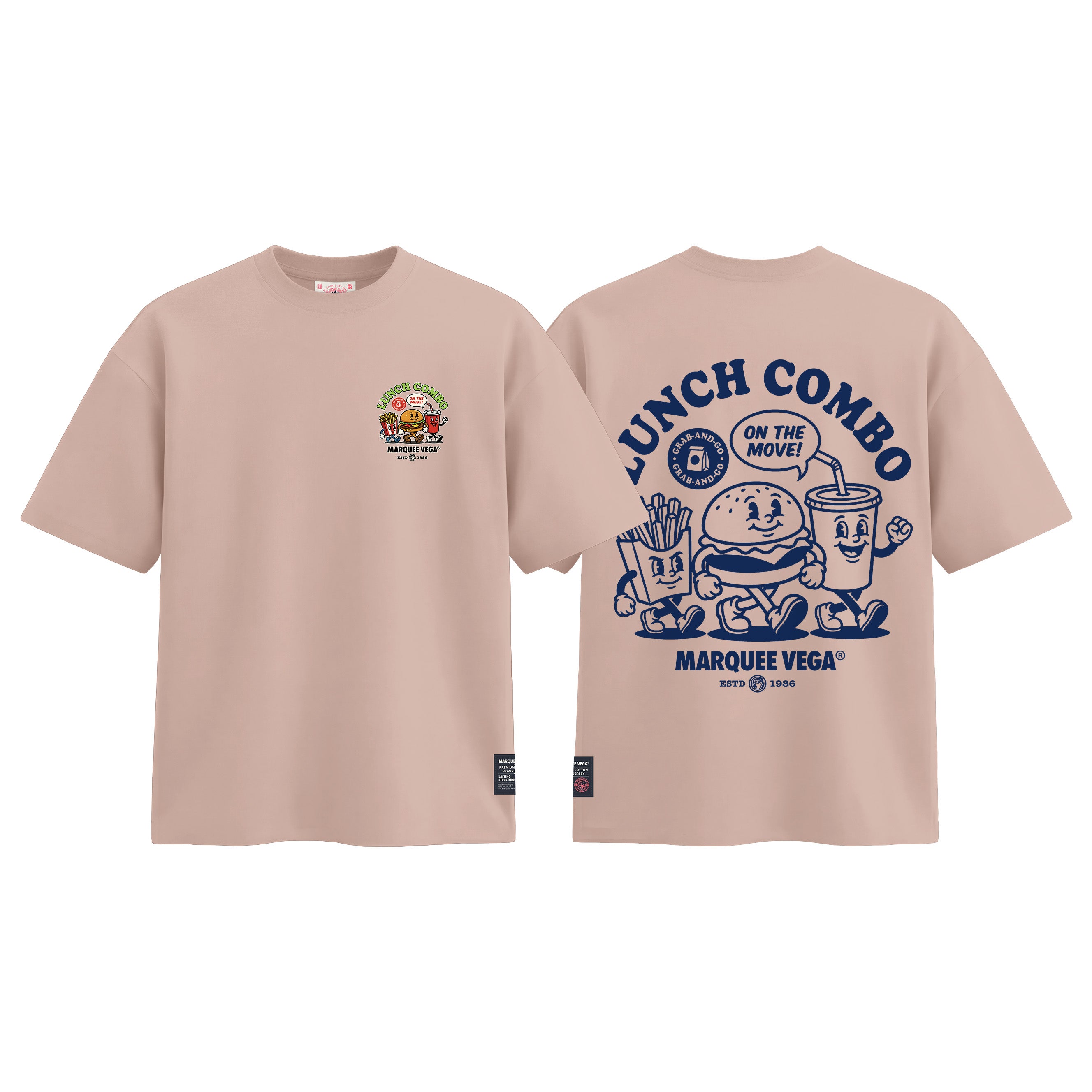 Lunch Combo On The Move graphic tee colour preview in Pink, shown front and back.