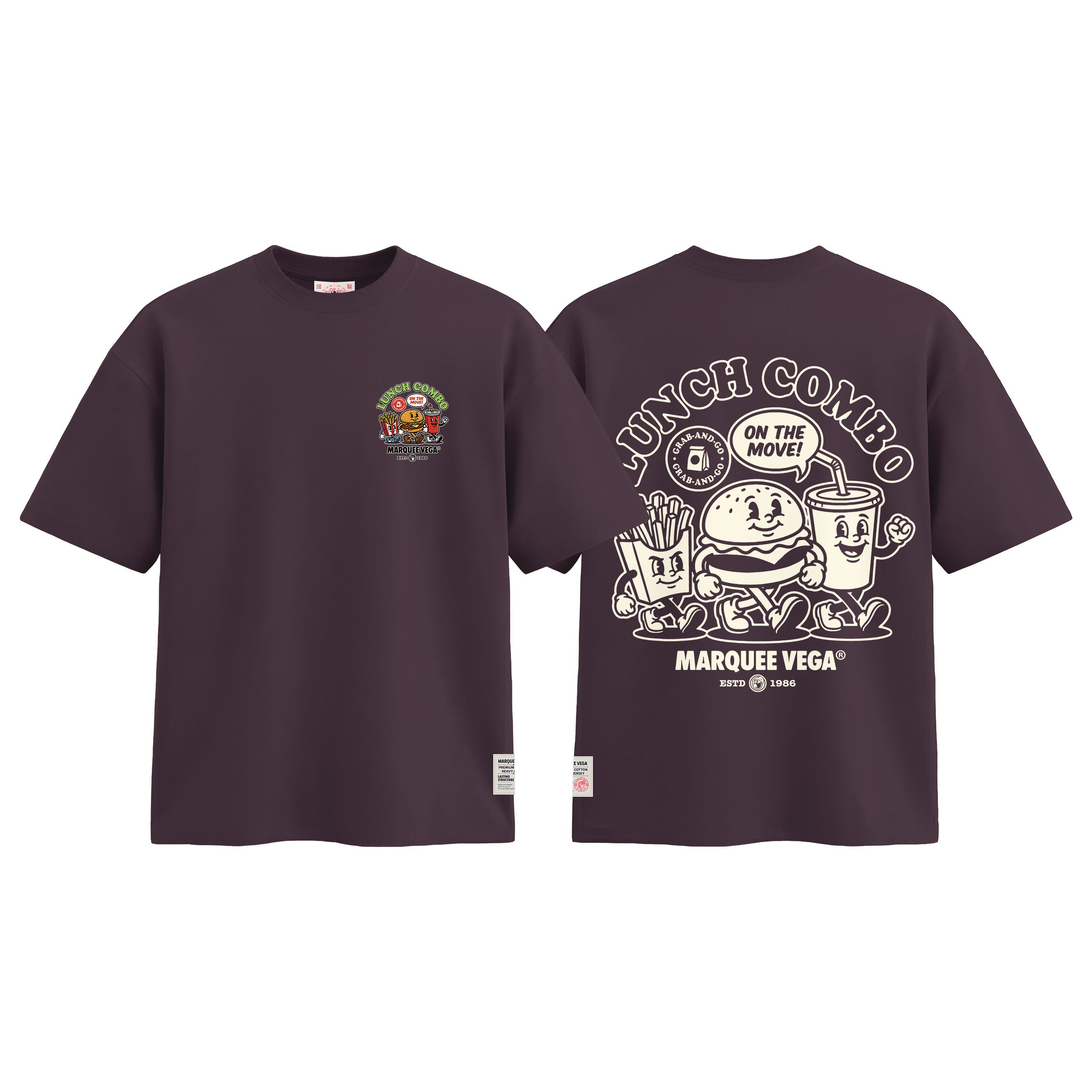 Lunch Combo - On The Move graphic tee colour preview in Dark Plum, shown front and back.
