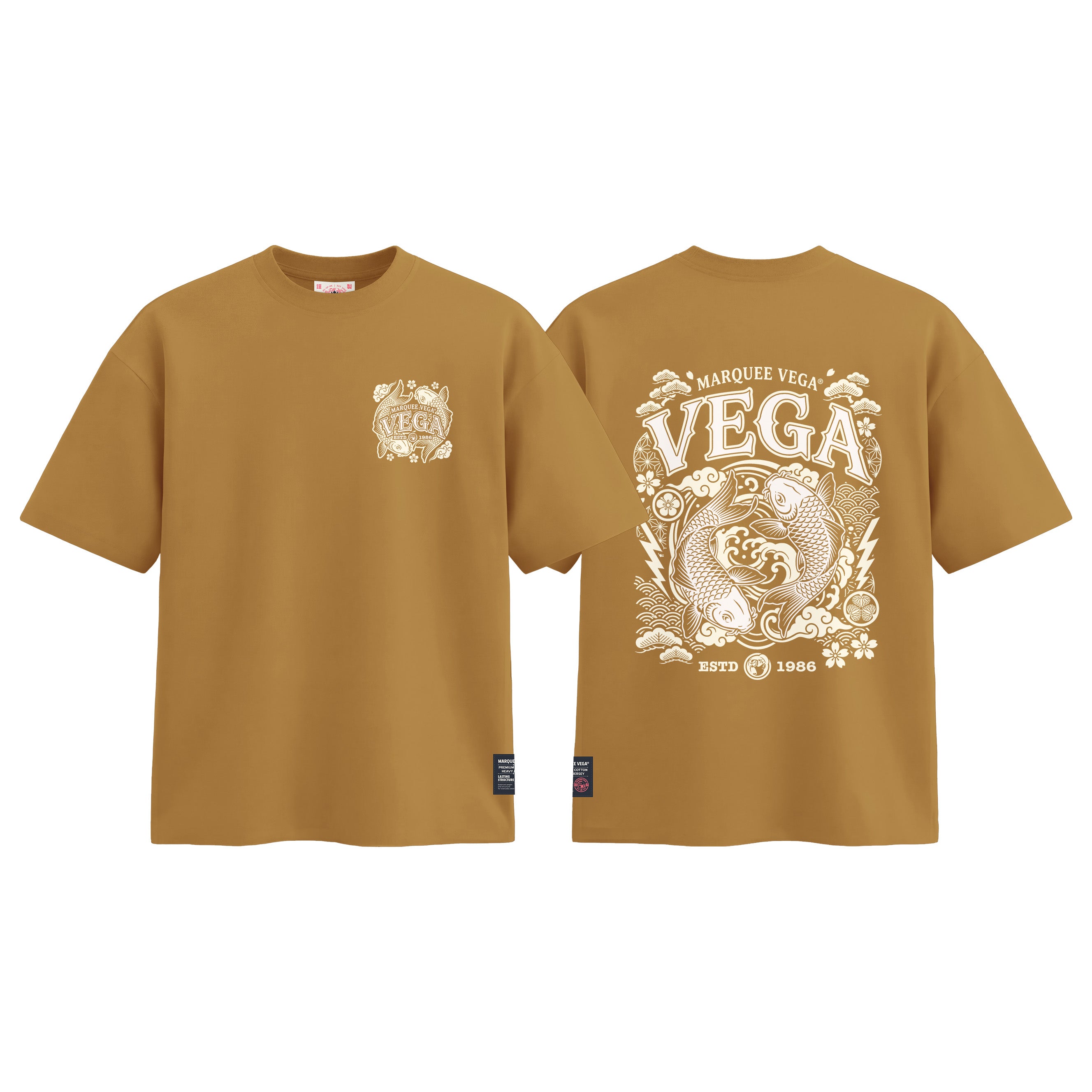 Vega Koi - Japanese Wave Graphic graphic tee colour preview in Mustard Yellow, shown front and back.
