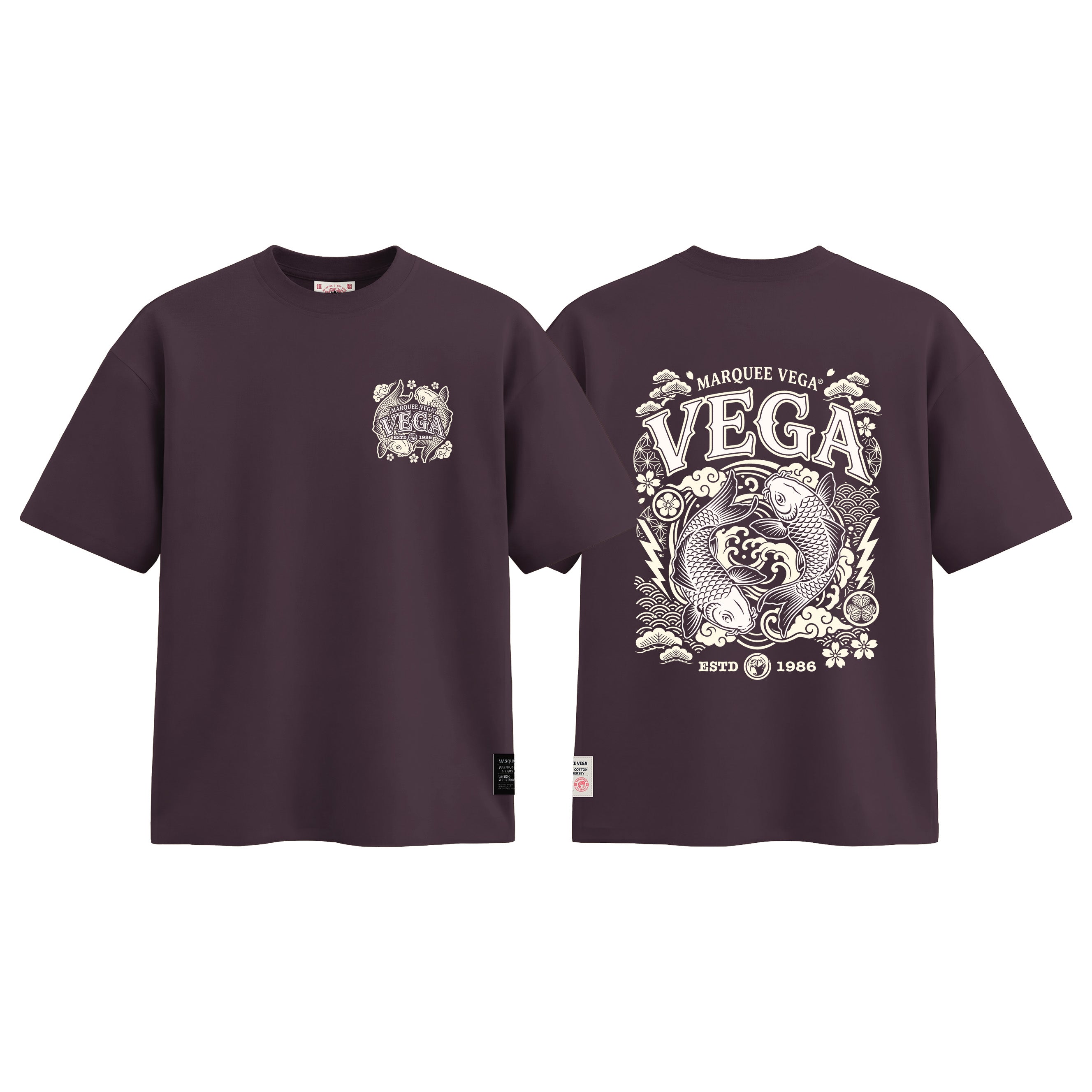 Vega Koi - Japanese Wave Graphic graphic tee colour preview in Dark Plum, shown front and back.