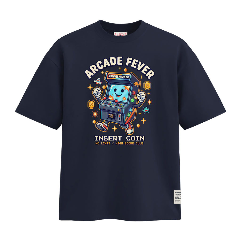 Arcade Fever Insert Coin heavyweight loose fit graphic tee front artwork on Navy Blue by Marquee Vega.