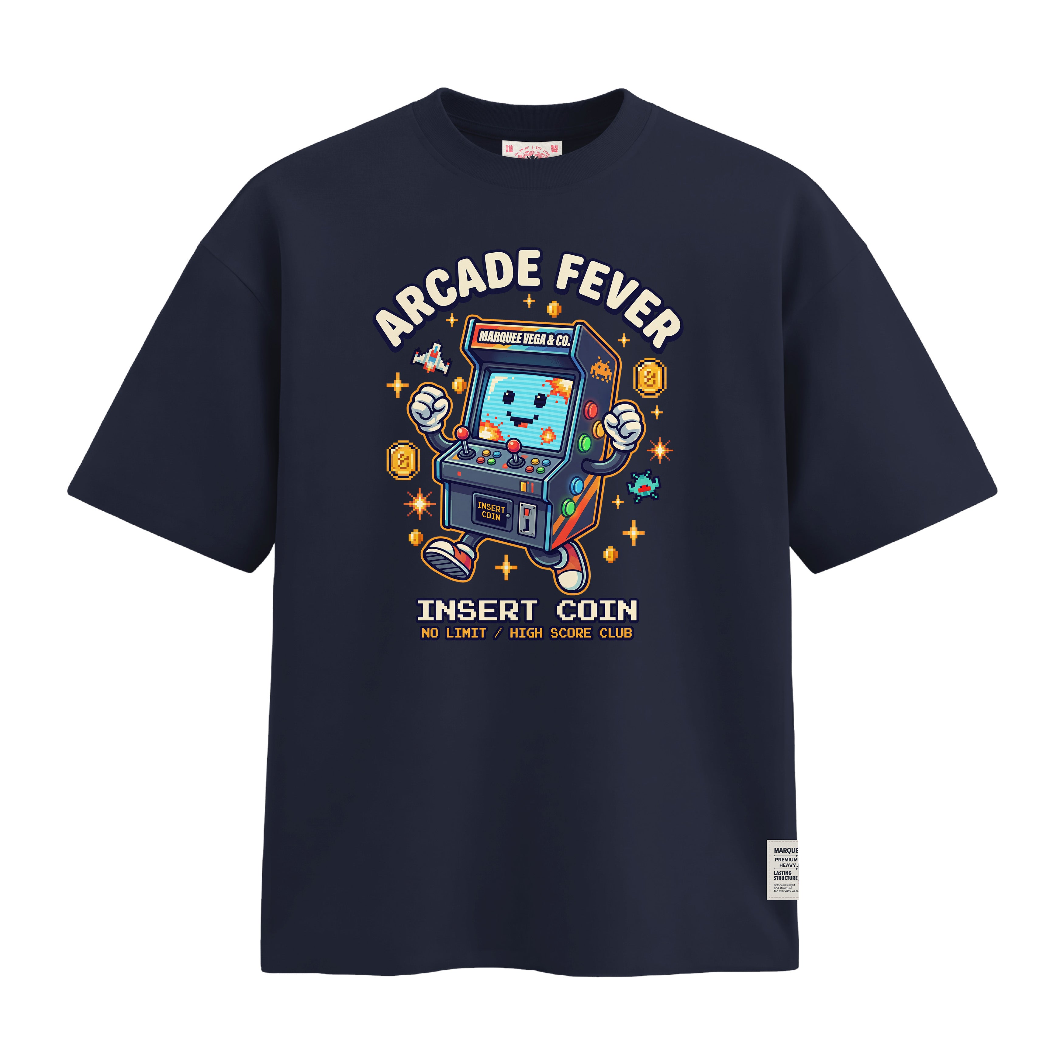 Arcade Fever Insert Coin heavyweight loose fit graphic tee front artwork on Navy Blue by Marquee Vega.
