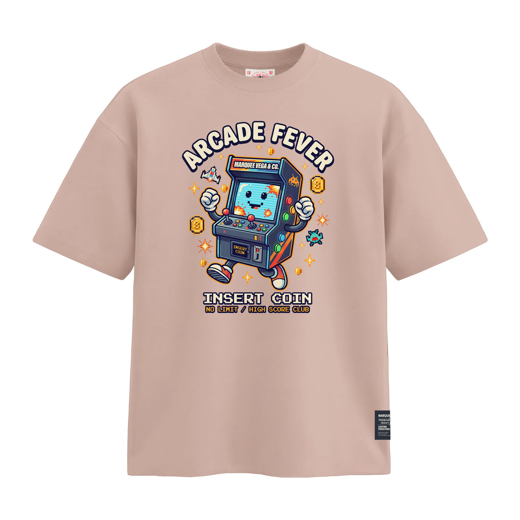 Arcade Fever Insert Coin heavyweight loose fit graphic tee front artwork on Pink by Marquee Vega.