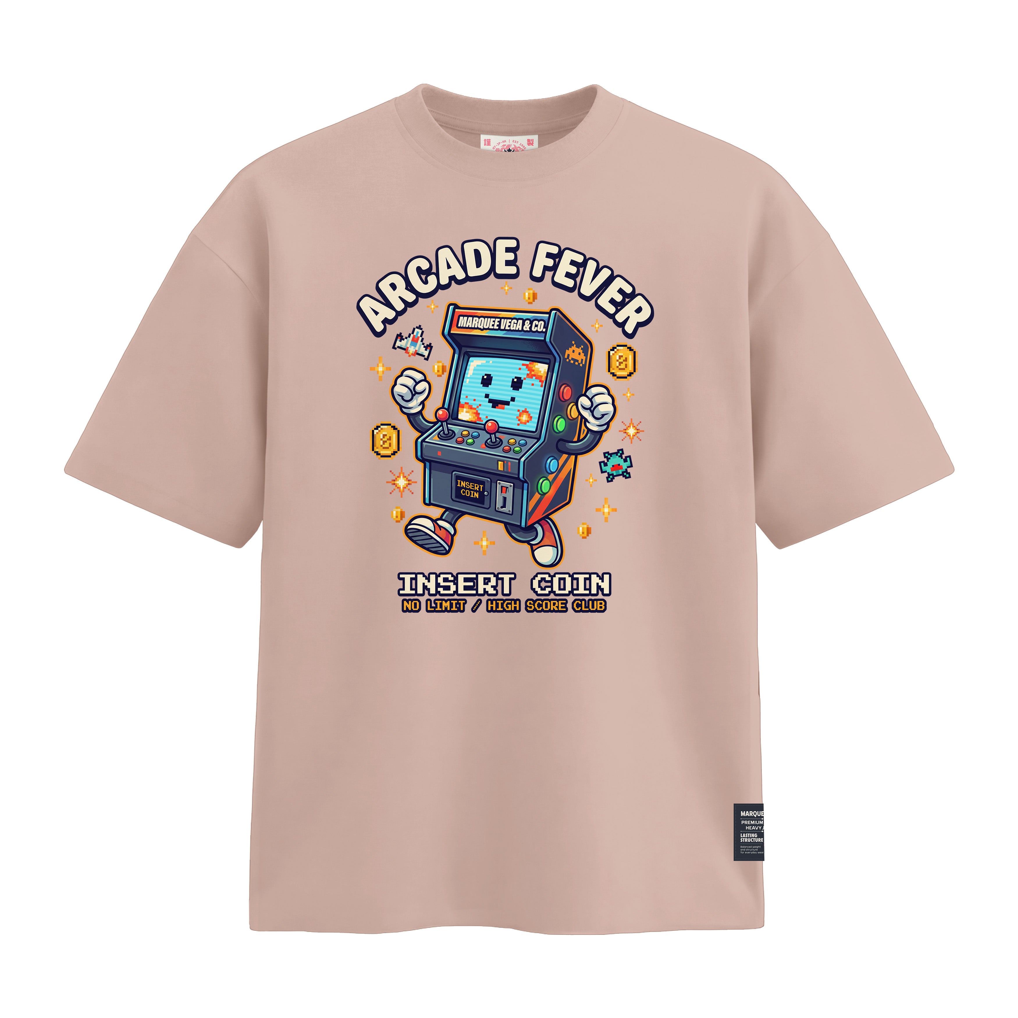 Arcade Fever Insert Coin heavyweight loose fit graphic tee front artwork on Pink by Marquee Vega.