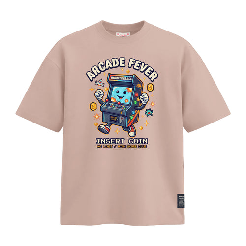 Arcade Fever Insert Coin heavyweight loose fit graphic tee front artwork on Pink by Marquee Vega.