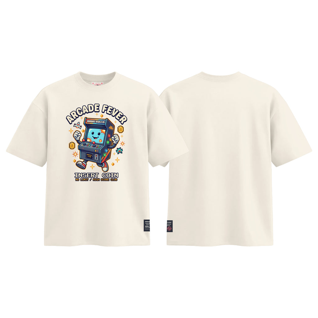 Arcade Fever Insert Coin graphic tee colour preview in Off White, shown front and back.