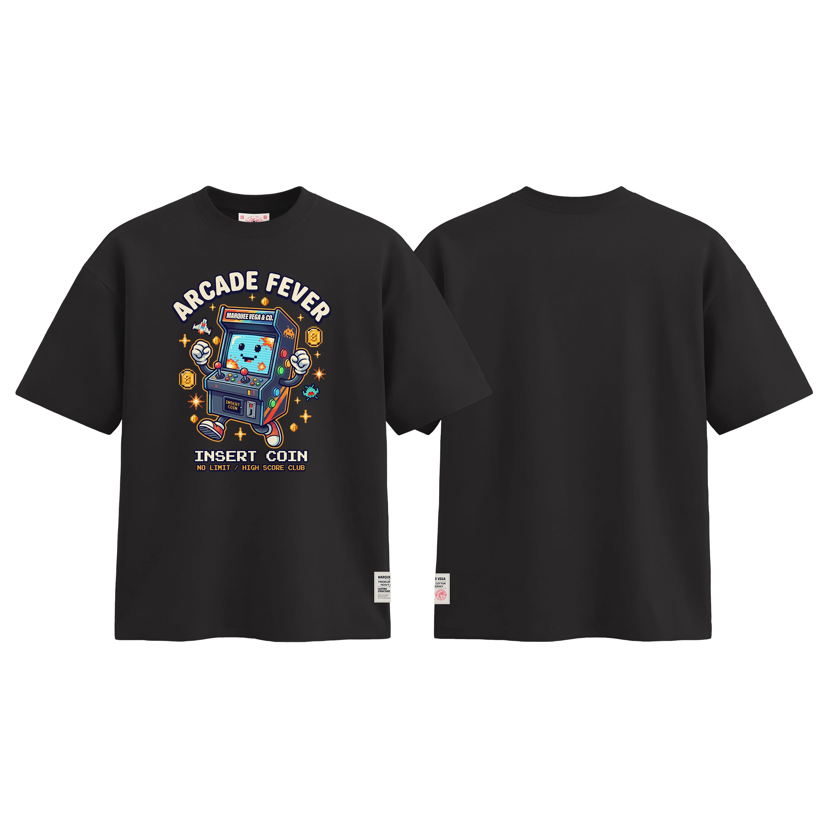 Arcade Fever Insert Coin graphic tee colour preview in Vintage Black, shown front and back.