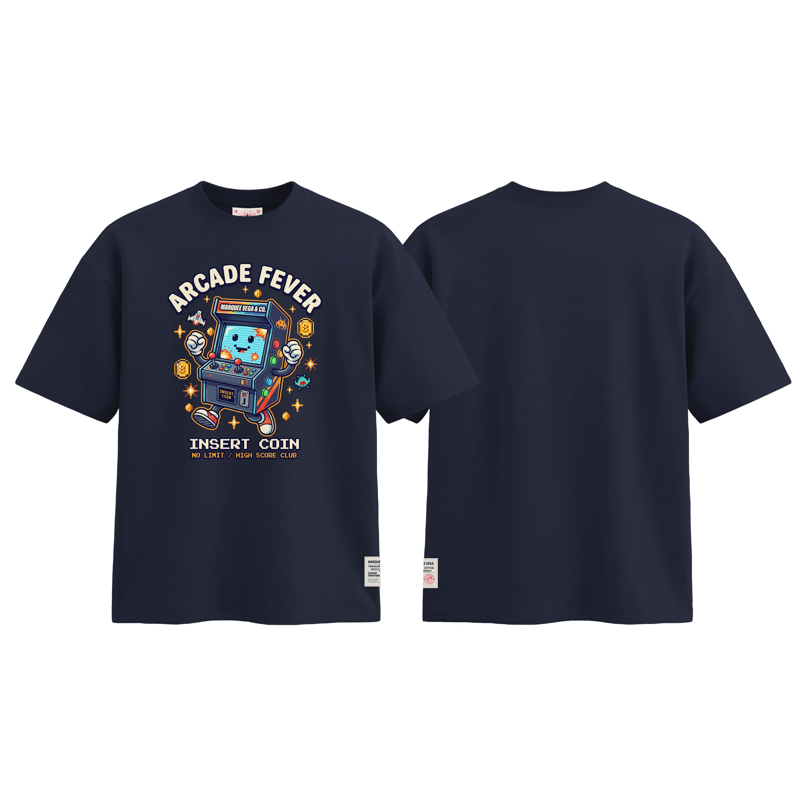 Arcade Fever Insert Coin graphic tee colour preview in Navy Blue, shown front and back.