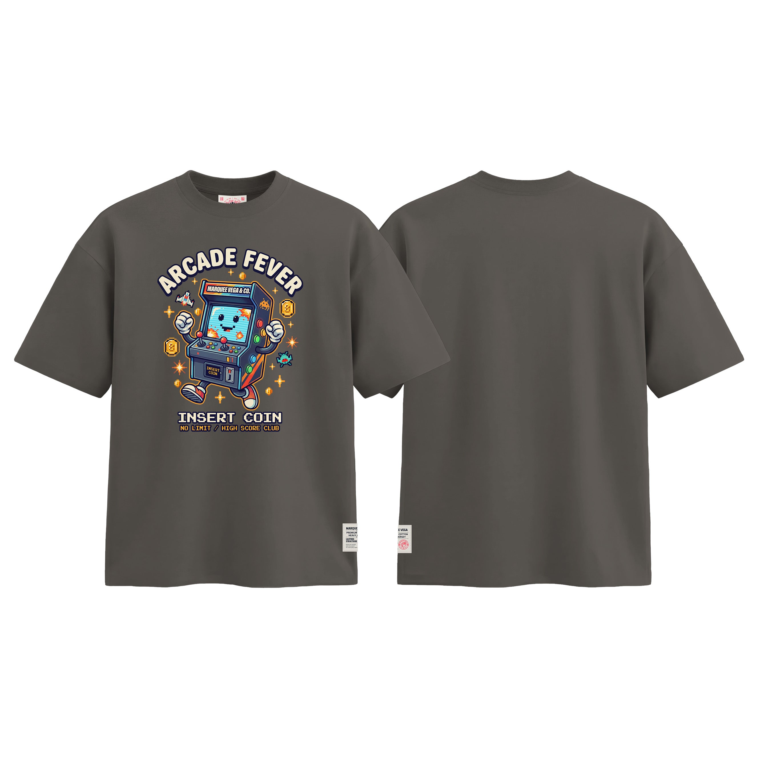 Arcade Fever Insert Coin graphic tee colour preview in Charcoal Grey, shown front and back.