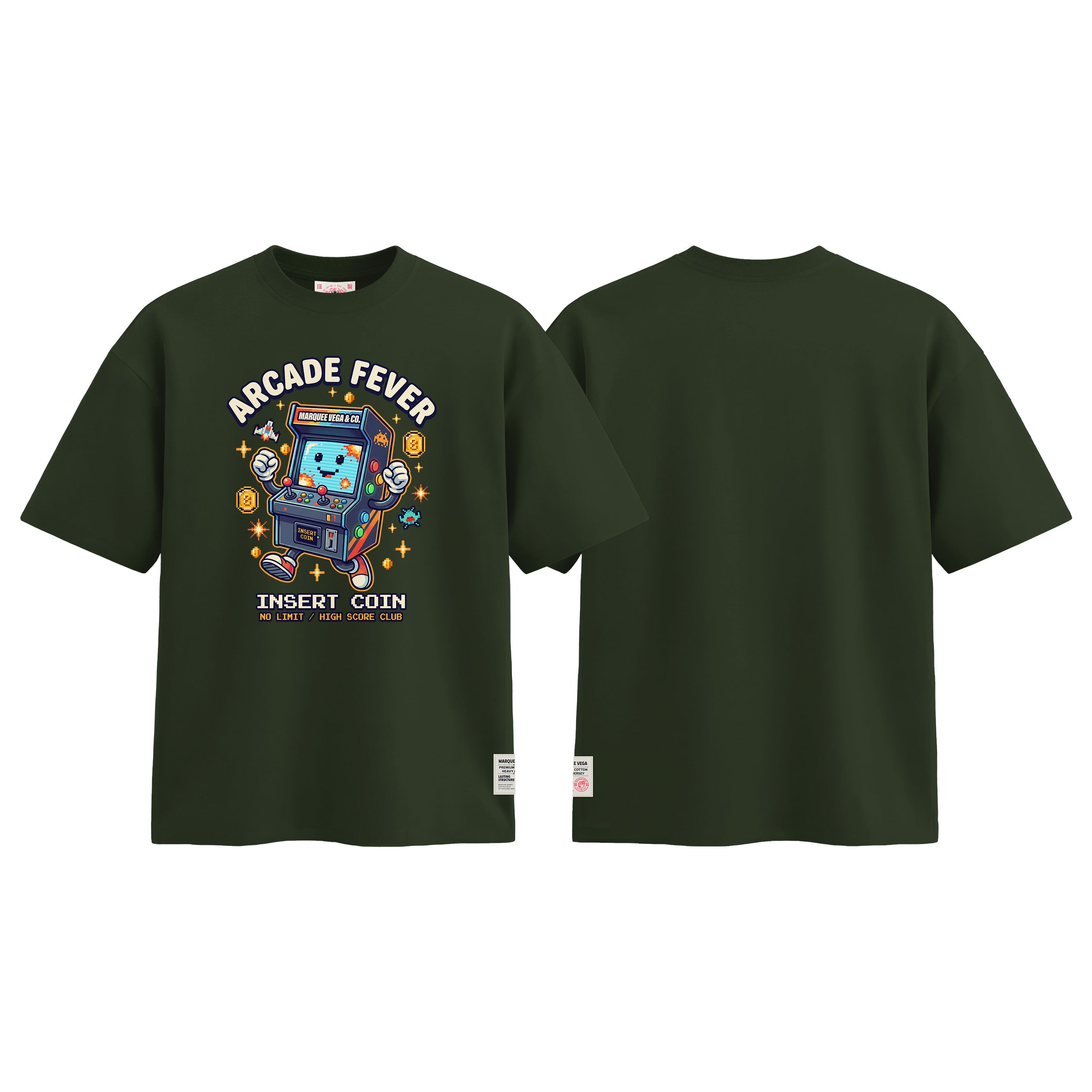 Arcade Fever Insert Coin graphic tee colour preview in Racing Green, shown front and back.