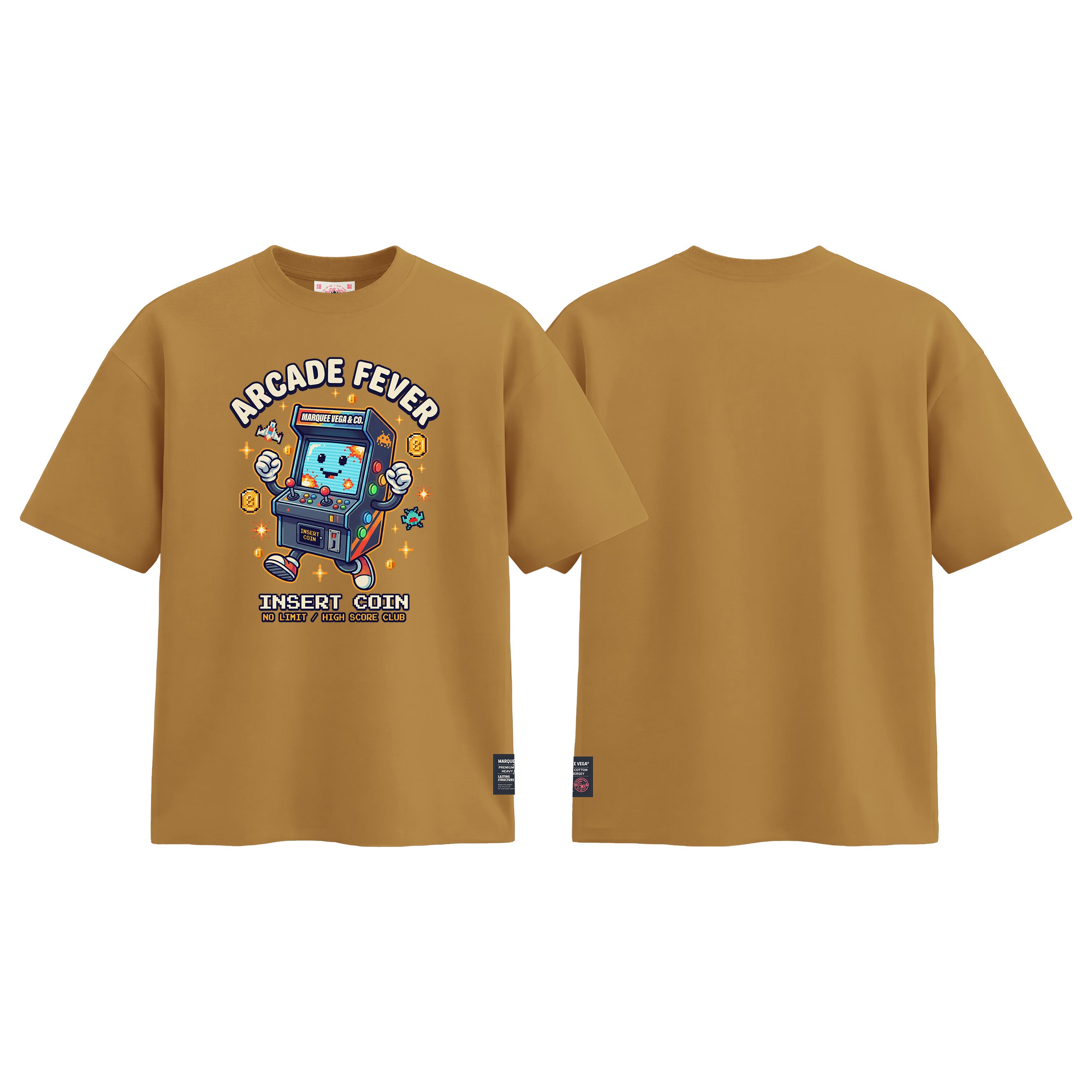 Arcade Fever Insert Coin graphic tee colour preview in Mustard Yellow, shown front and back.