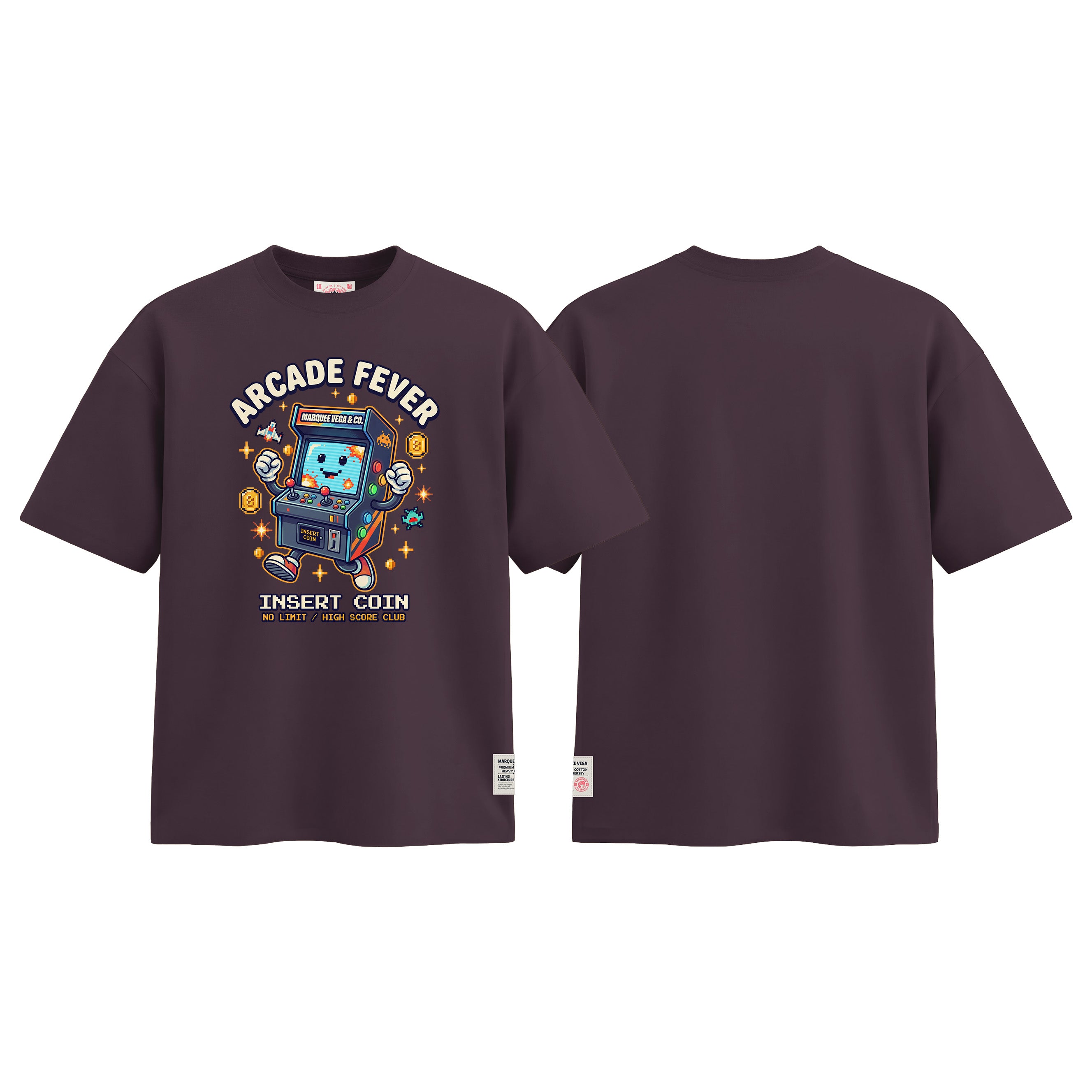 Arcade Fever Insert Coin graphic tee colour preview in Dark Plum, shown front and back.