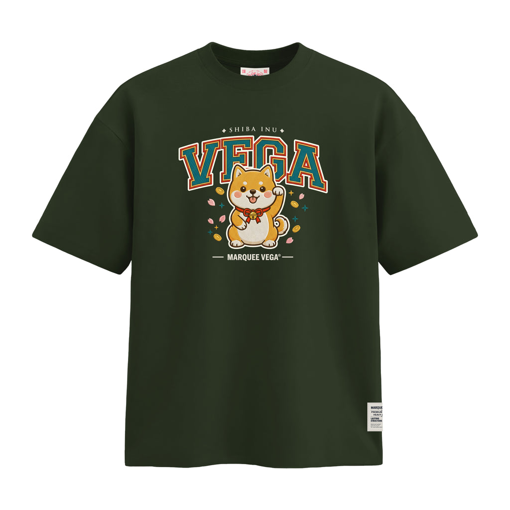Shiba Inu Vega heavyweight loose fit graphic tee front artwork on Racing Green by Marquee Vega.