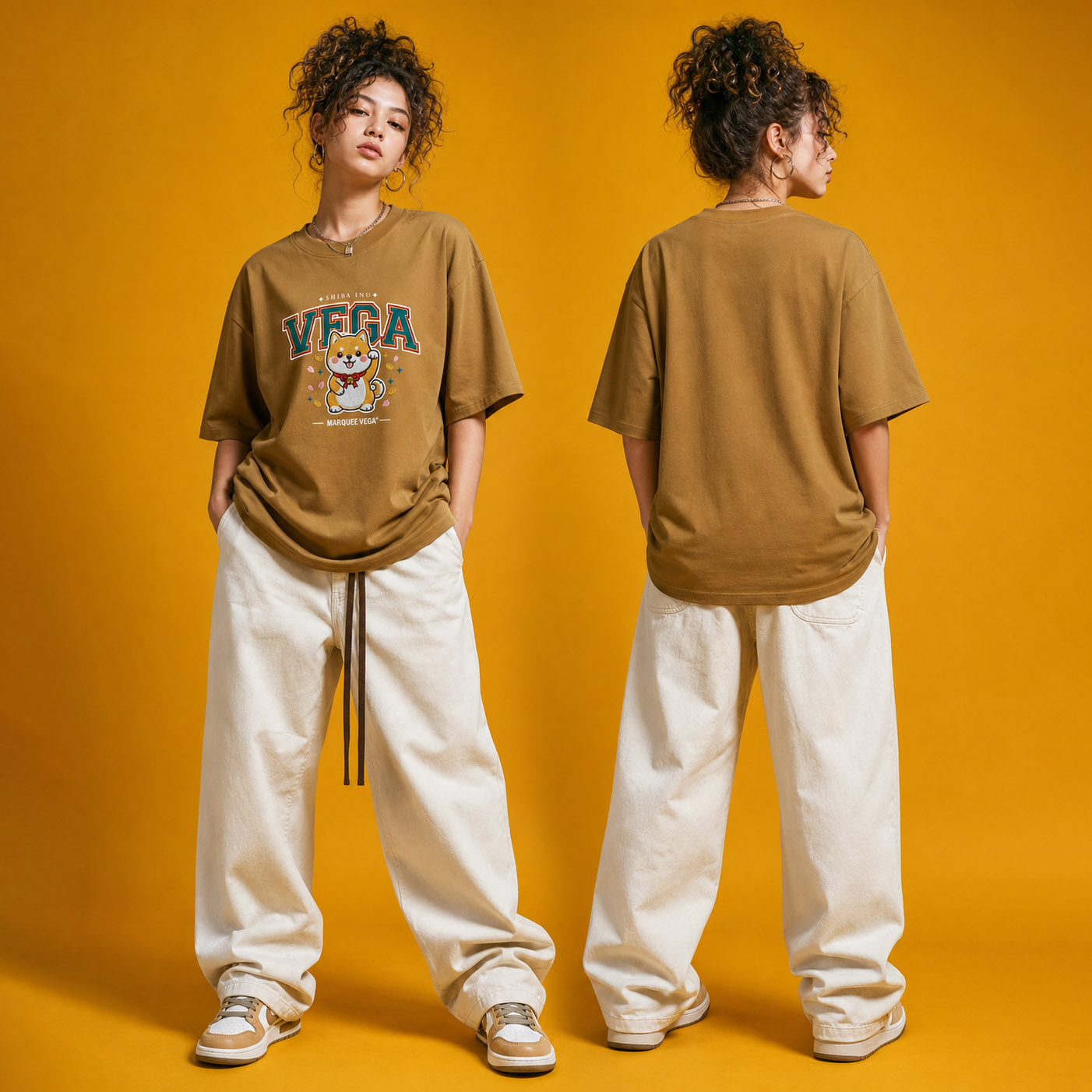 Model styling demonstration for the Shiba Inu Vega graphic tee by Marquee Vega.
