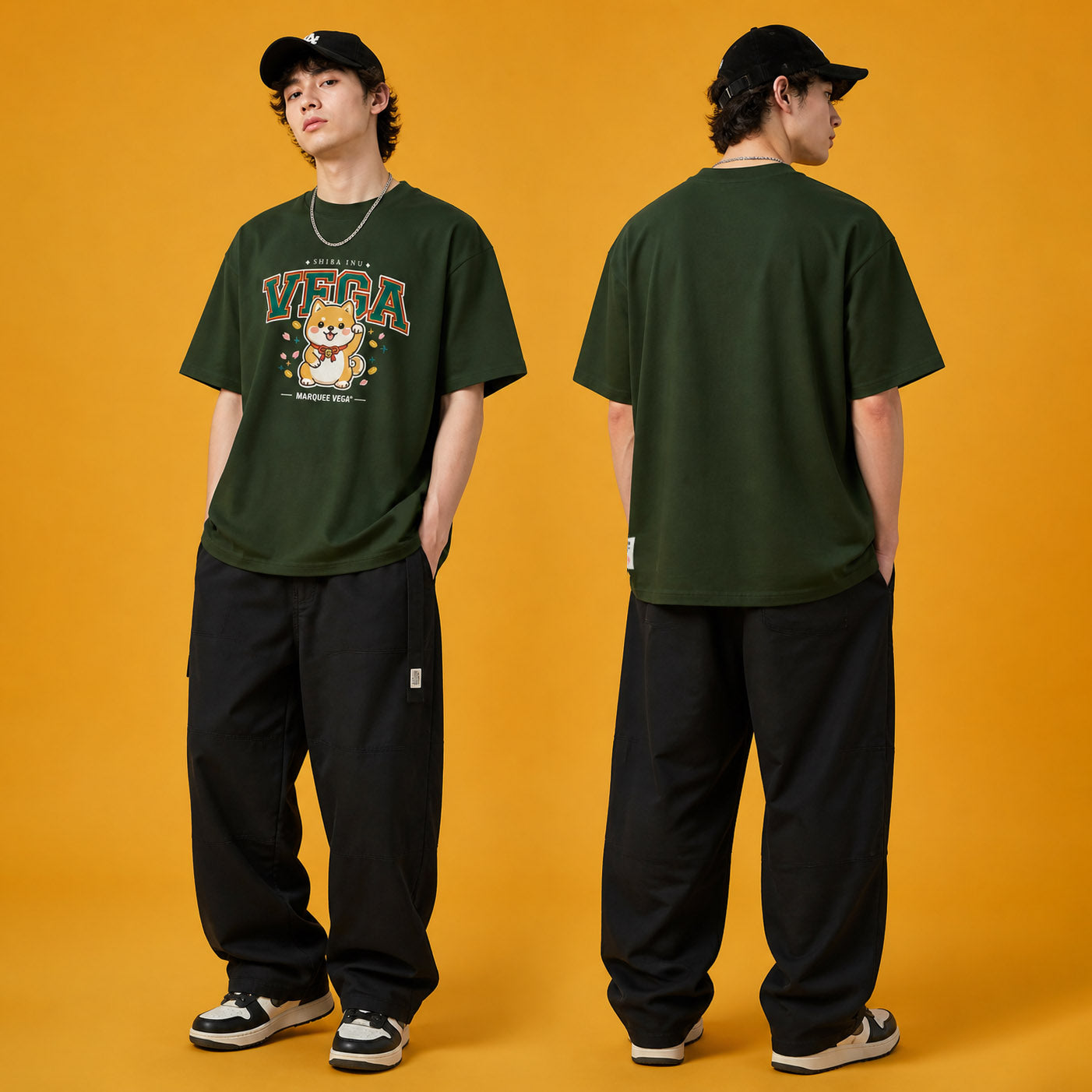 Male model wearing the Shiba Inu Vega heavyweight loose fit graphic tee in Racing Green, shown front and back.
