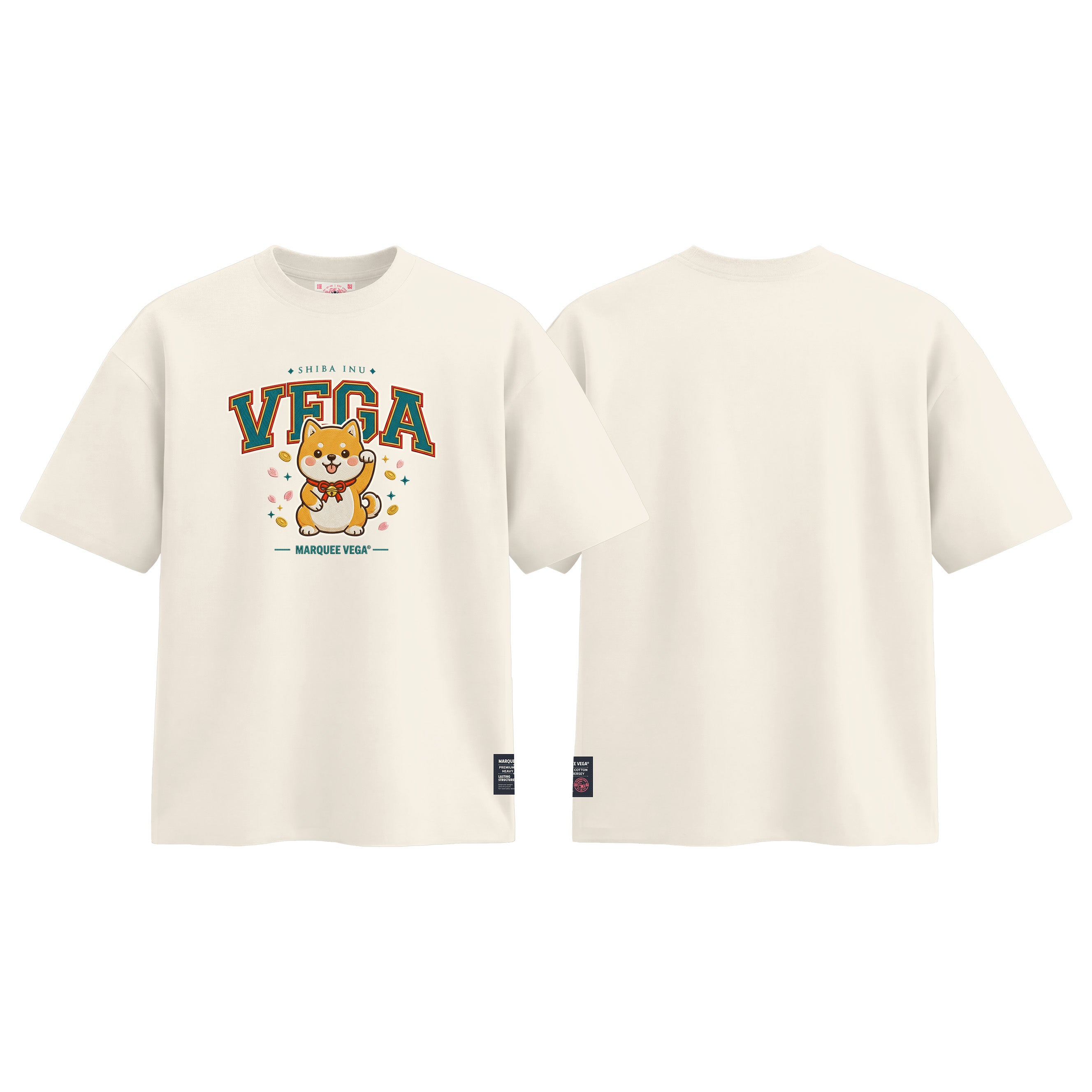 Shiba Inu Vega graphic tee colour preview in Off White, shown front and back.