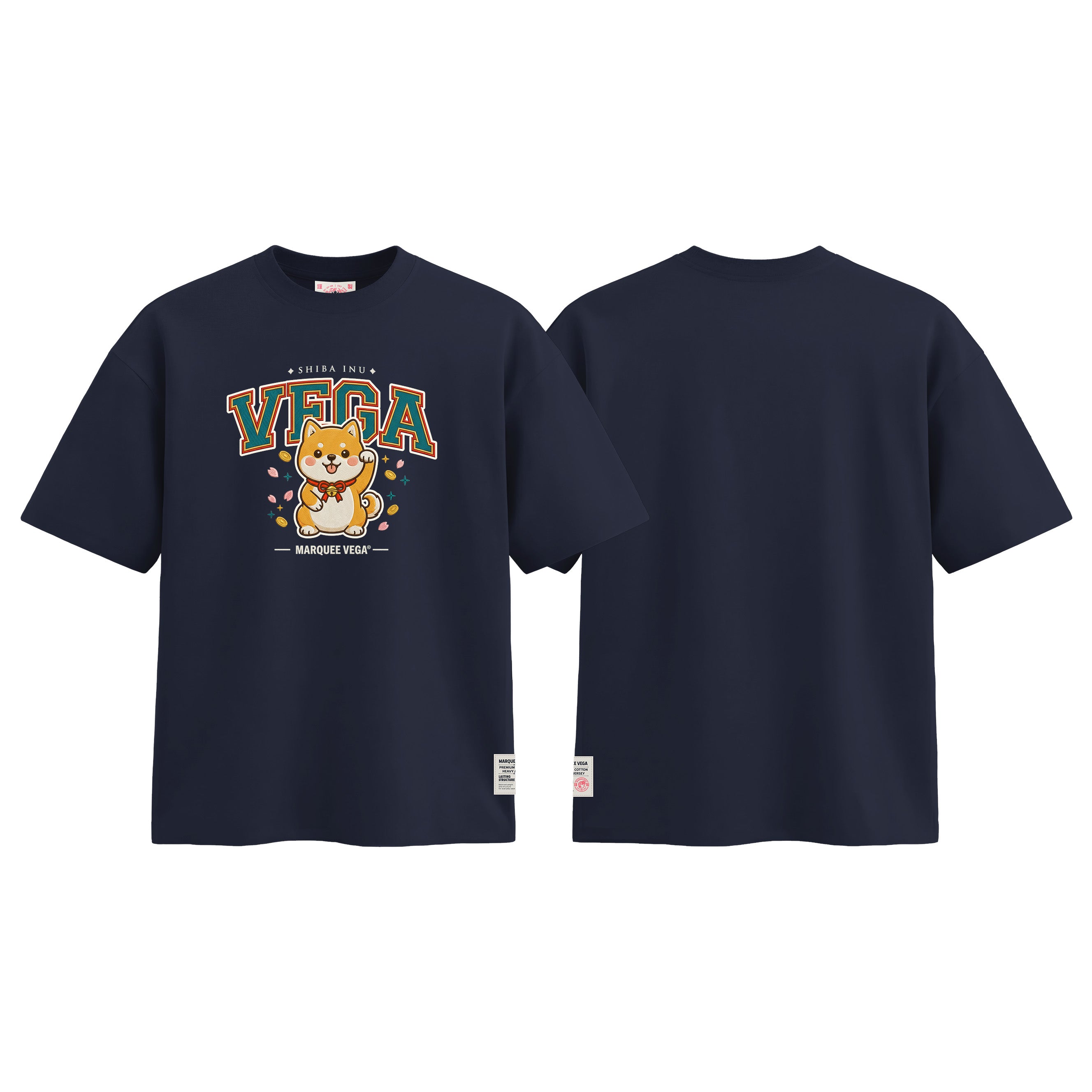 Shiba Inu Vega graphic tee colour preview in Navy Blue, shown front and back.