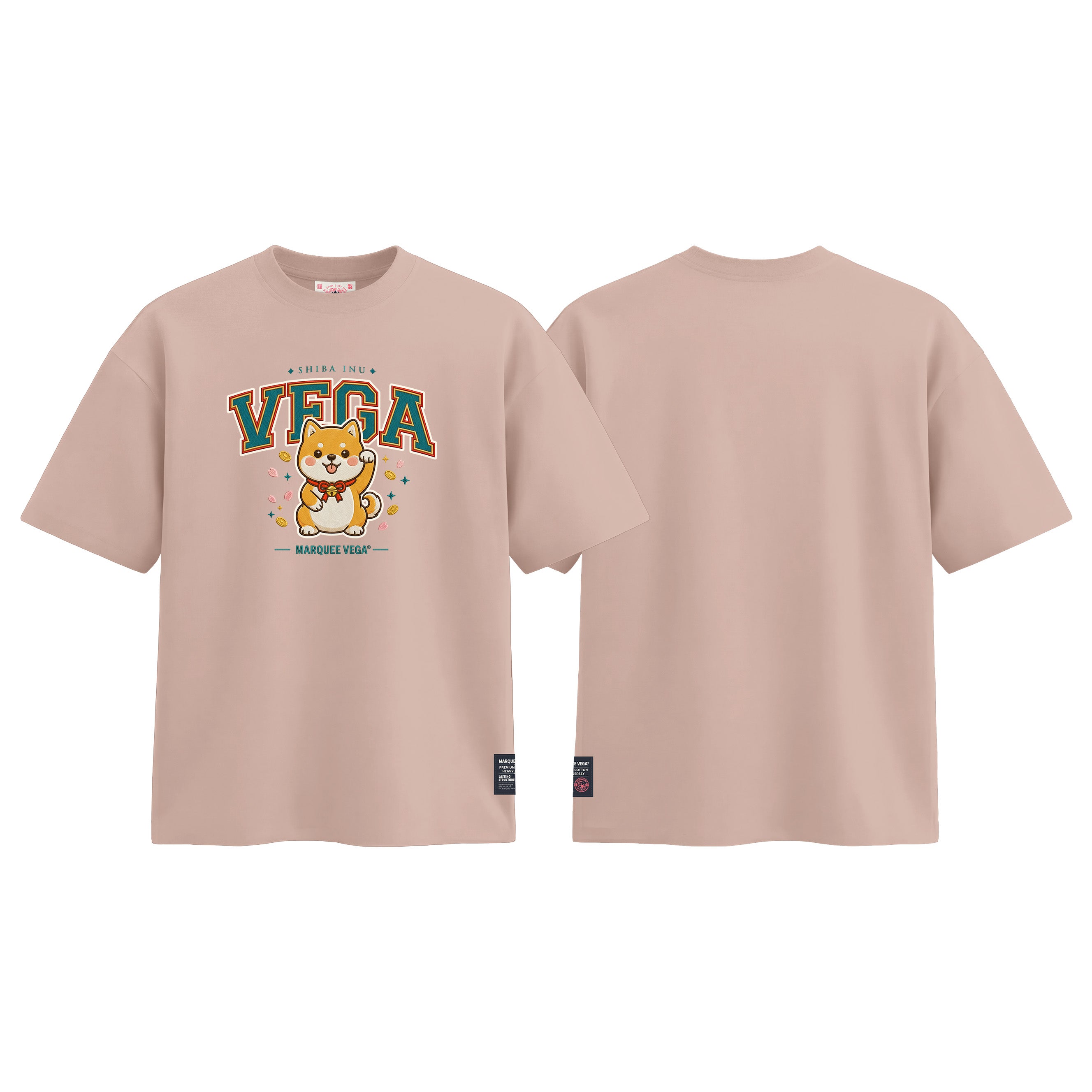 Shiba Inu Vega graphic tee colour preview in Pink, shown front and back.
