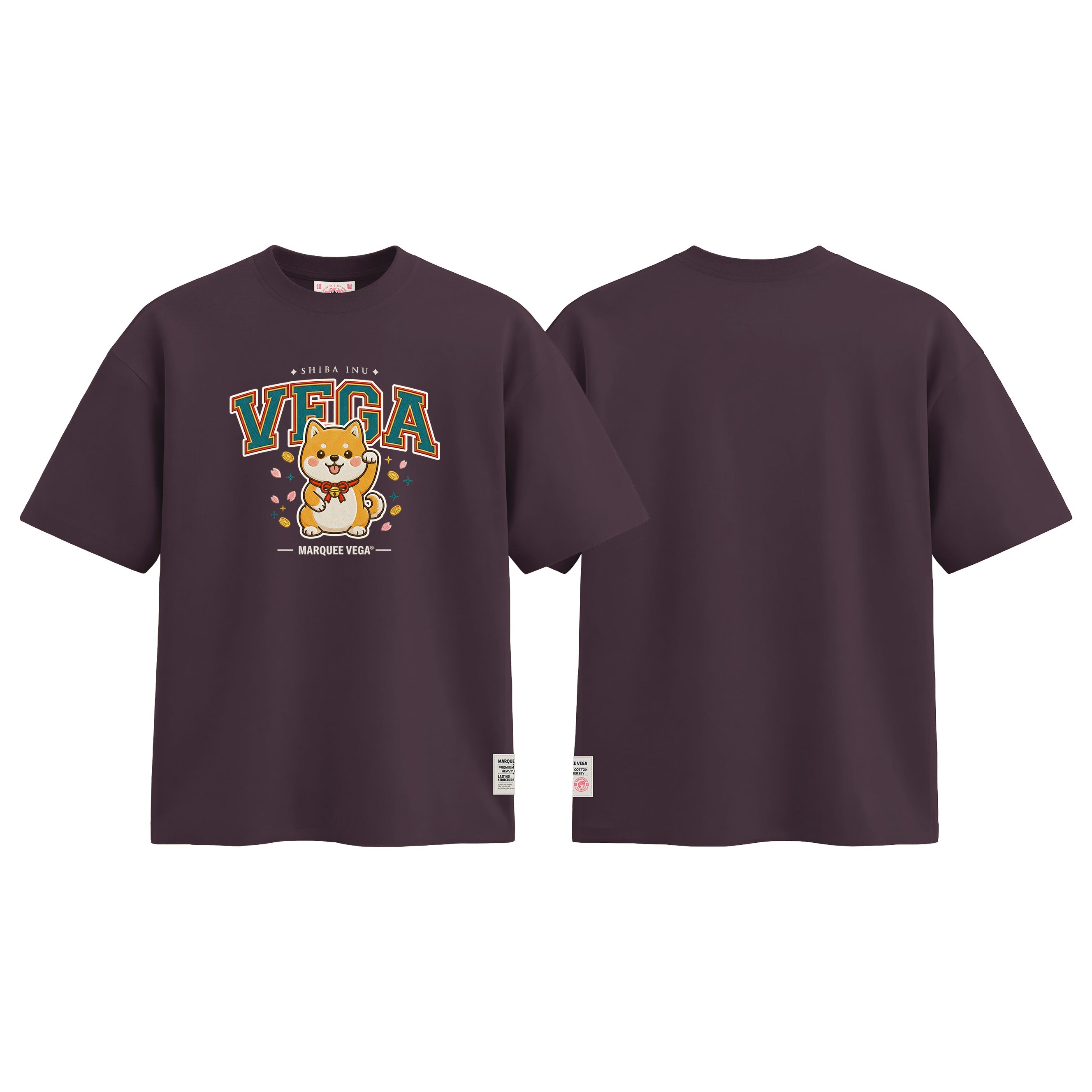 Shiba Inu Vega graphic tee colour preview in Dark Plum, shown front and back.