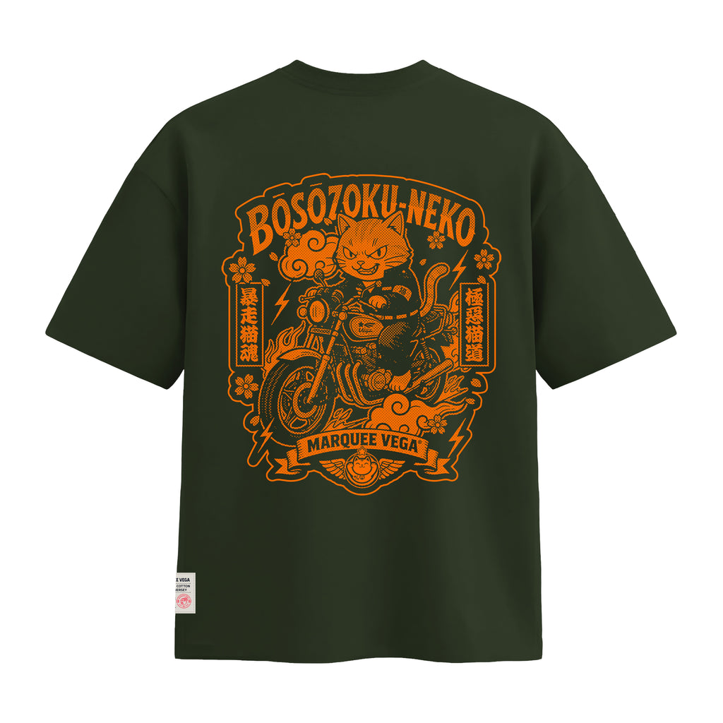 Boso Zoku Neko Orange heavyweight loose fit graphic tee back artwork on Racing Green by Marquee Vega.