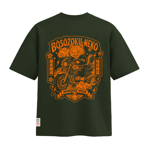 Boso Zoku Neko Orange heavyweight loose fit graphic tee back artwork on Racing Green by Marquee Vega.