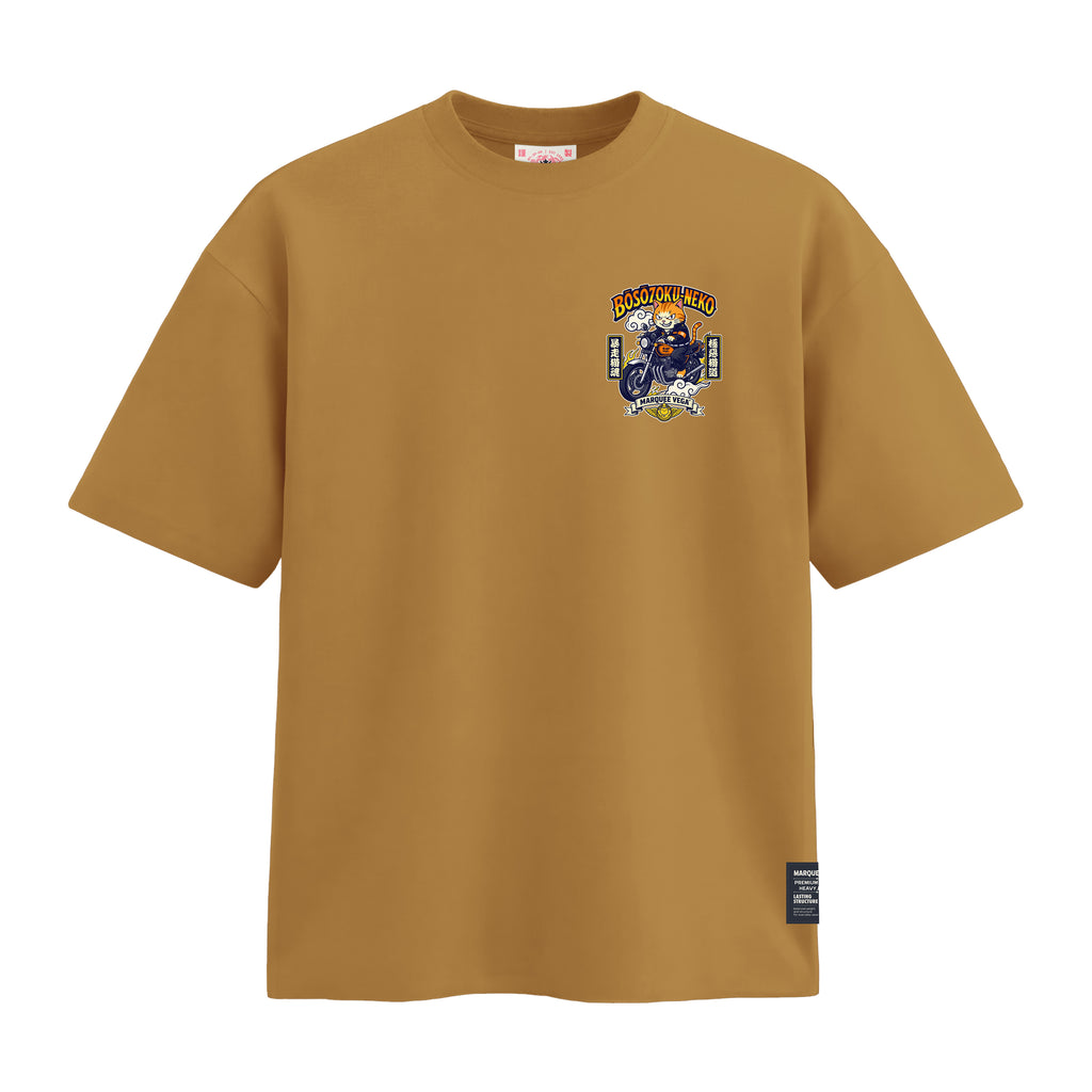 Boso Zoku Neko Orange heavyweight loose fit graphic tee chest artwork on Mustard Yellow by Marquee Vega.