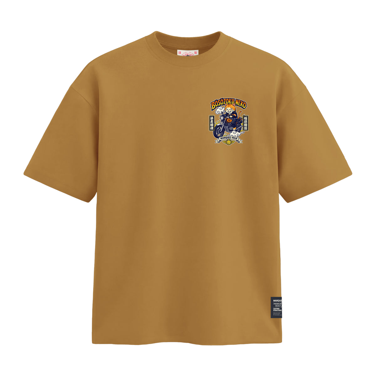 Boso Zoku Neko Orange heavyweight loose fit graphic tee chest artwork on Mustard Yellow by Marquee Vega.