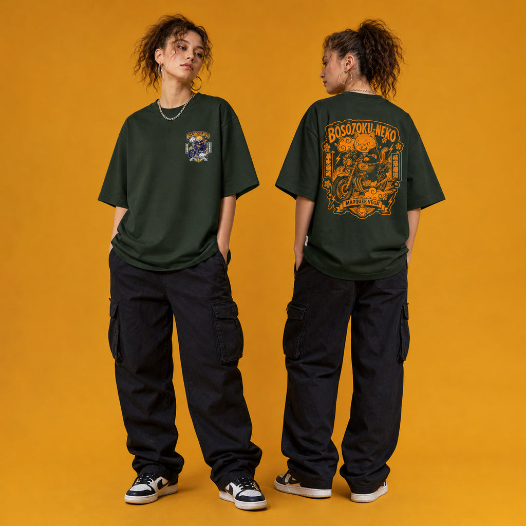 Model wearing the Boso Zoku Neko Orange heavyweight loose fit graphic tee, shown front and back.