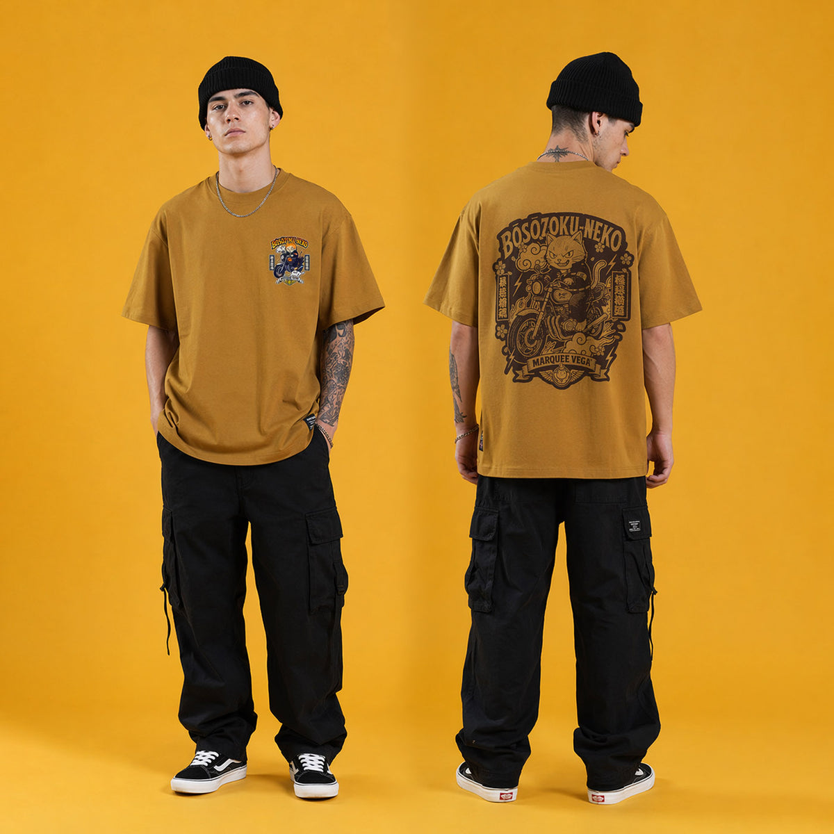 Model wearing the Boso Zoku Neko Orange heavyweight loose fit graphic tee, shown front and back.