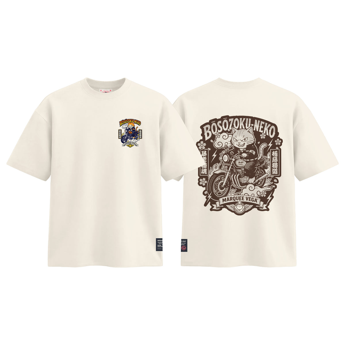 Boso Zoku Neko Orange graphic tee colour preview in Off White, shown front and back.