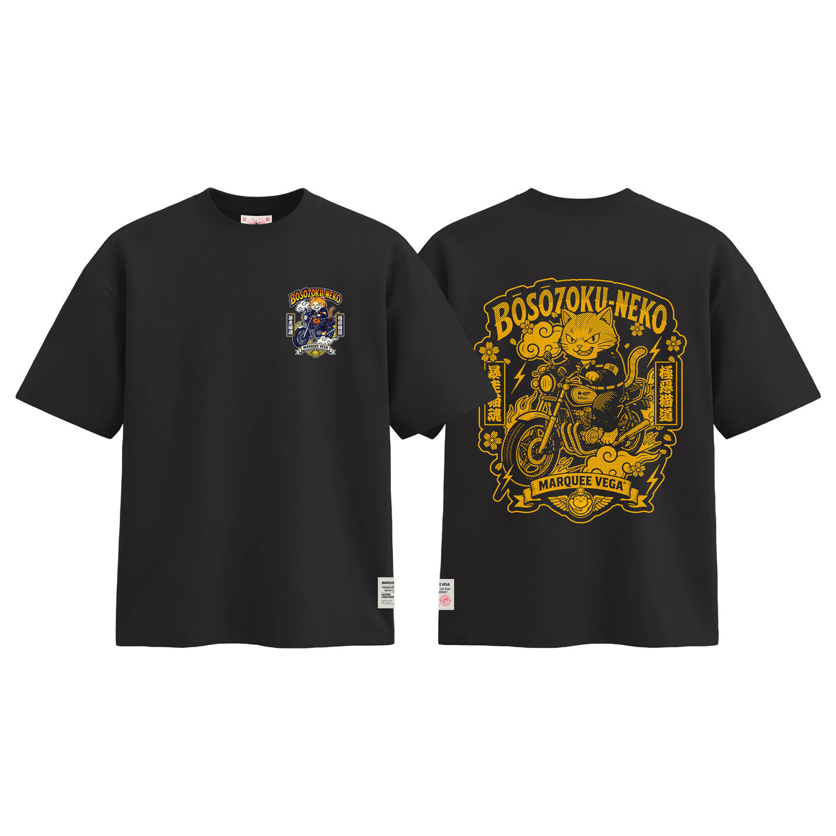 Boso Zoku Neko Orange graphic tee colour preview in Vintage Black, shown front and back.