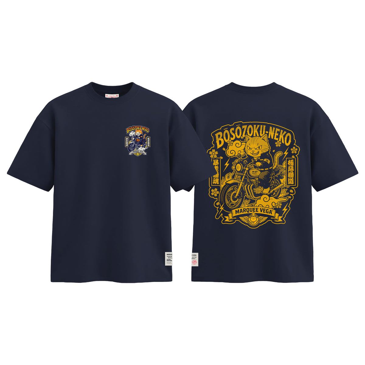 Boso Zoku Neko Orange graphic tee colour preview in Navy Blue, shown front and back.